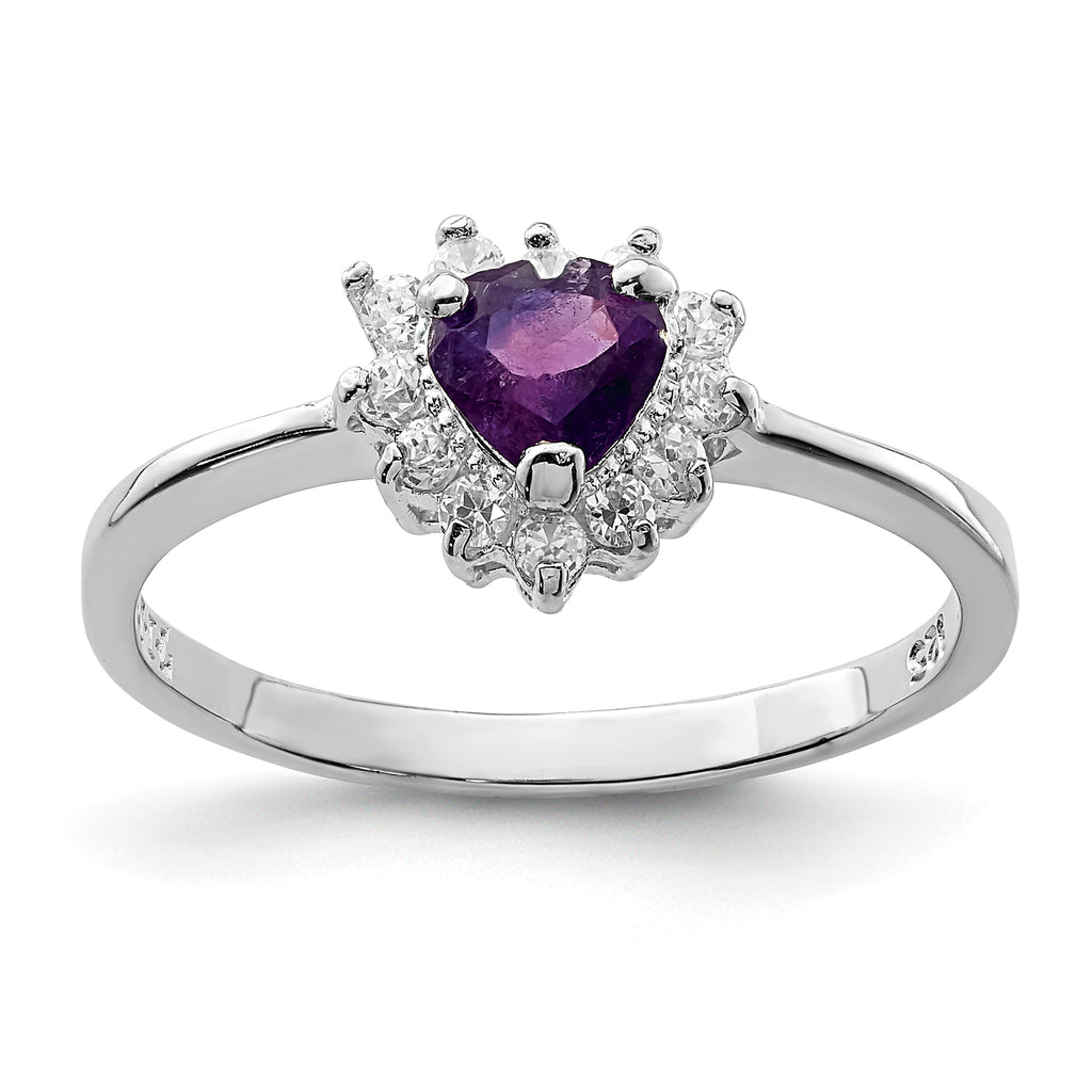 Sterling Silver Rhodium-Plated Amethyst and Cubic Zirconi Heart Ring
