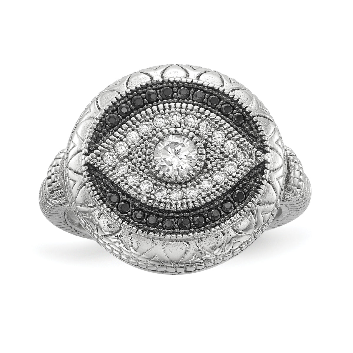 Sterling Silver Rhodium-plated Black and White CZ Evil Eye Ring
