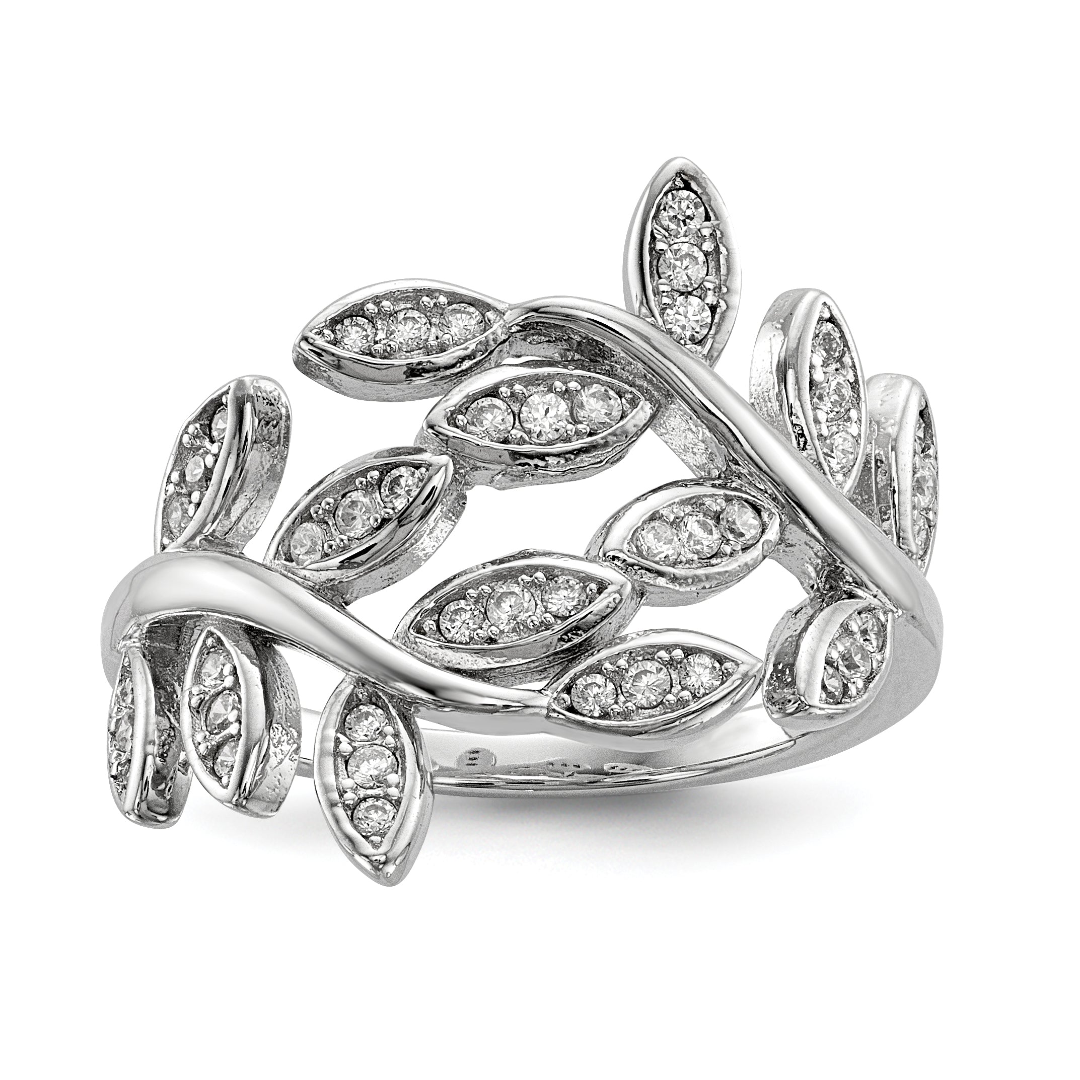 Sterling Silver Rhodium-plated Leaf CZ Ring Main image