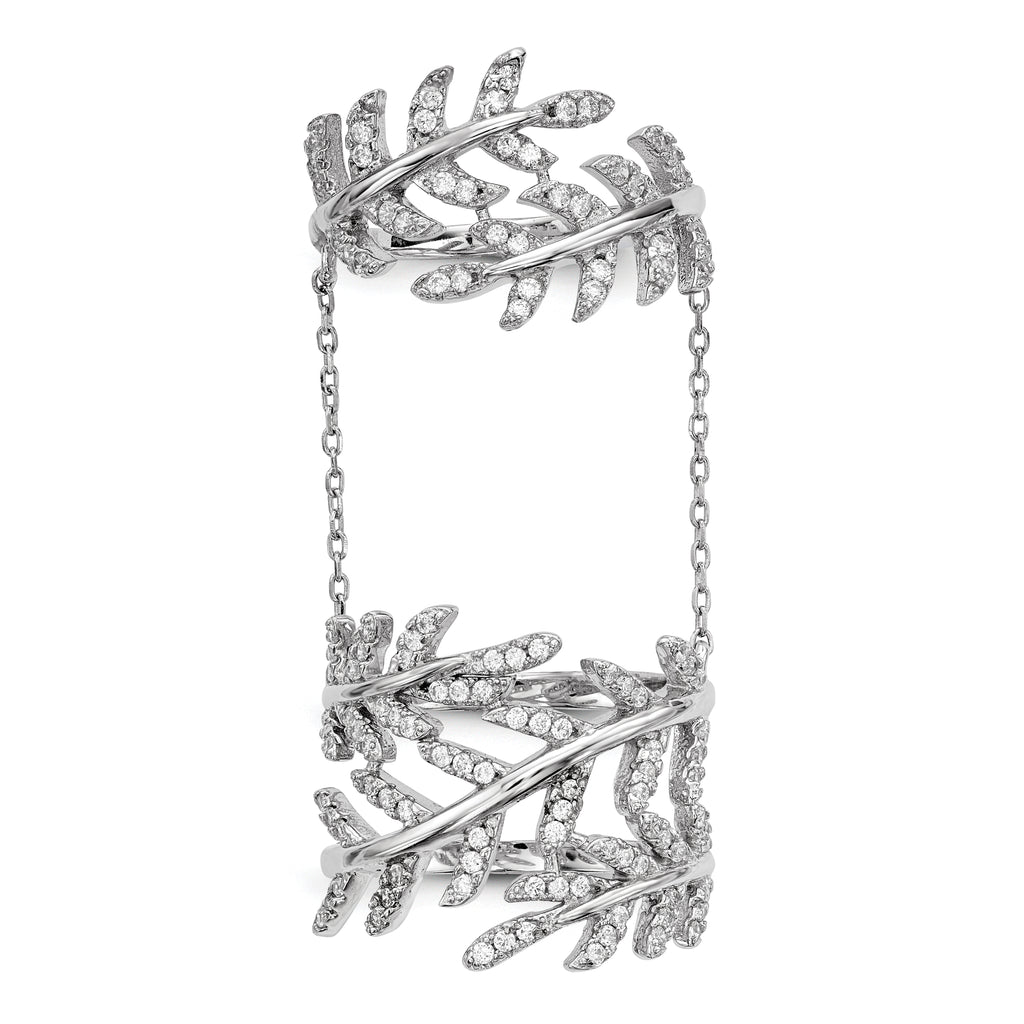 Sterling Silver Rhodium-Plated Cubic Zirconi Leaf with Extender Ring
