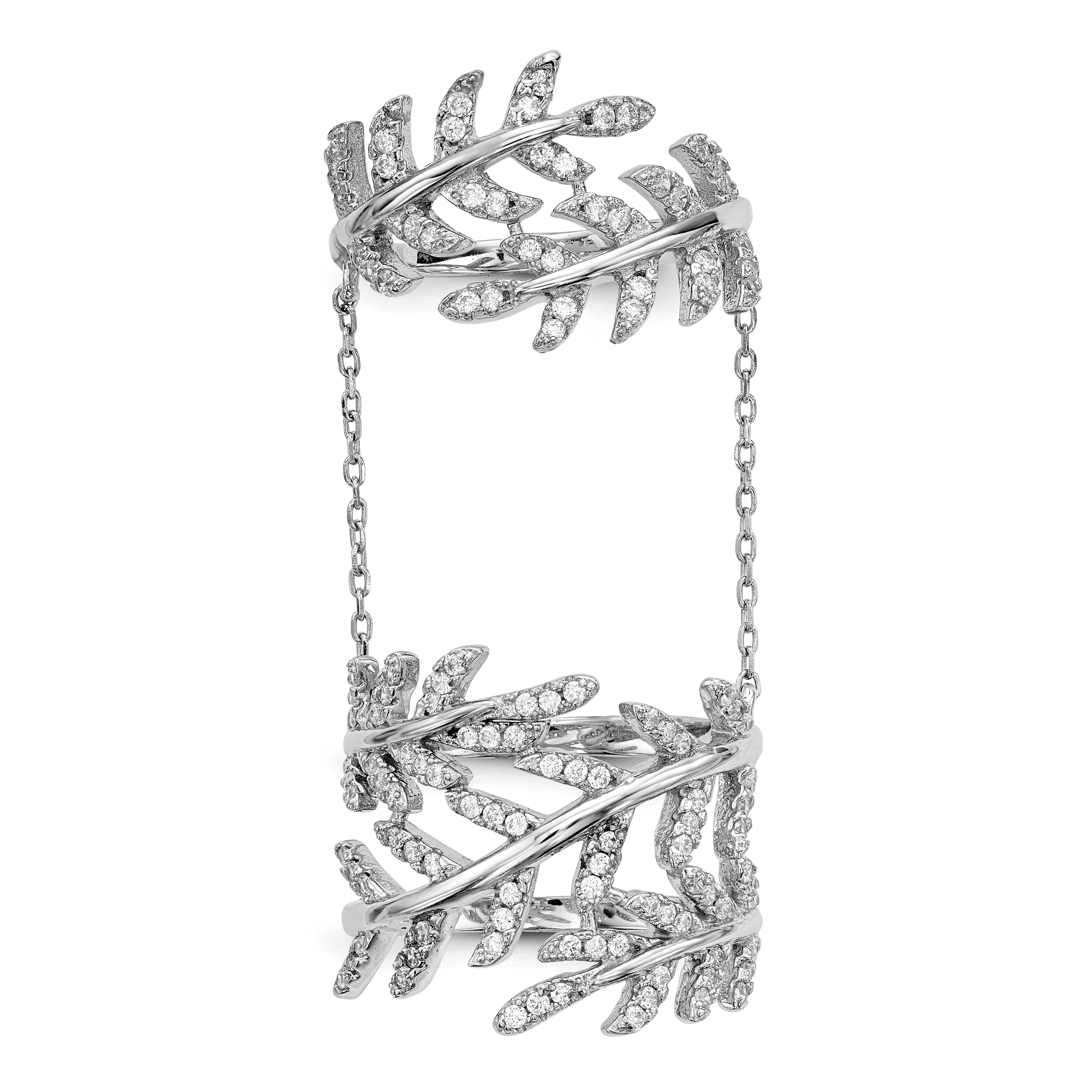 Sterling Silver Rhodium-Plated Cubic Zirconi Leaf with Extender Ring