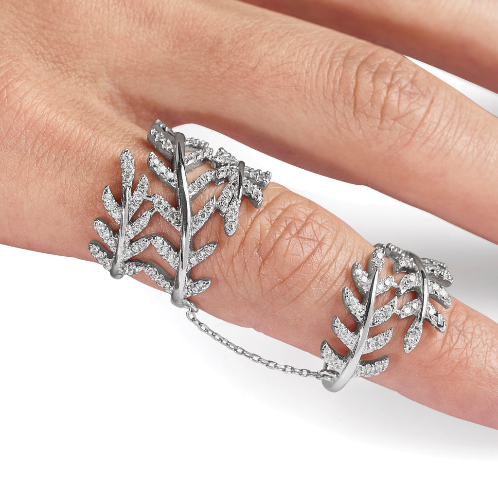 Sterling Silver Rhodium-Plated Cubic Zirconi Leaf with Extender Ring
