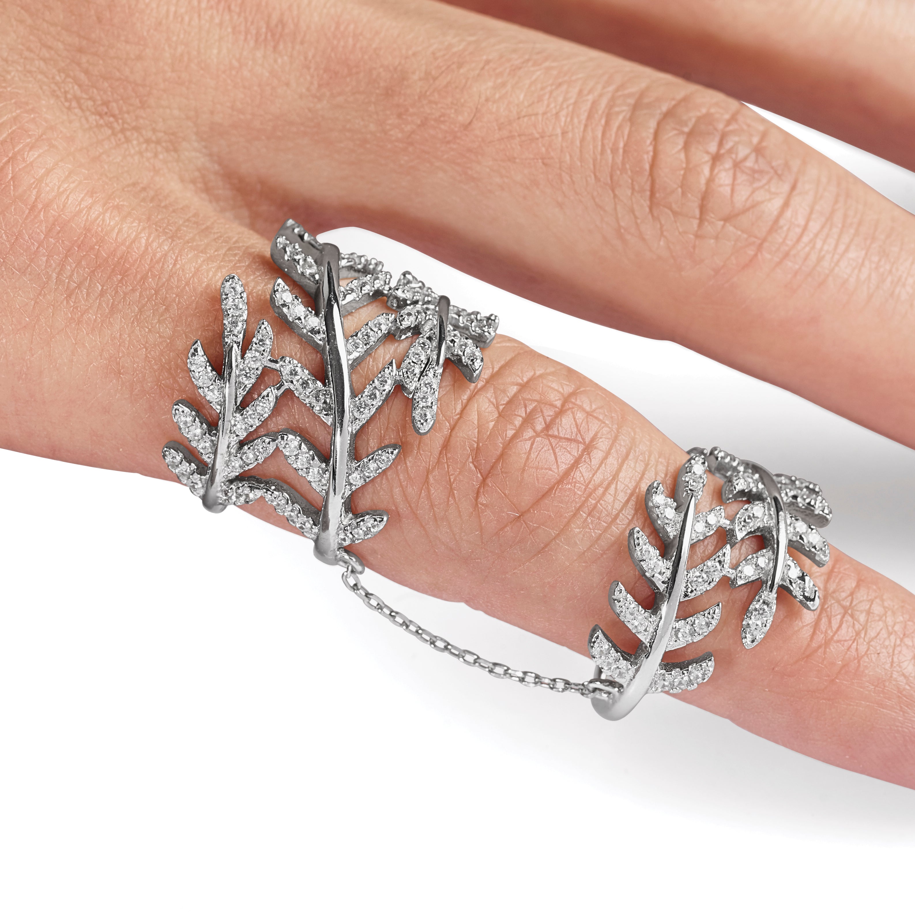 Sterling Silver Rhodium-Plated Cubic Zirconi Leaf with Extender Ring