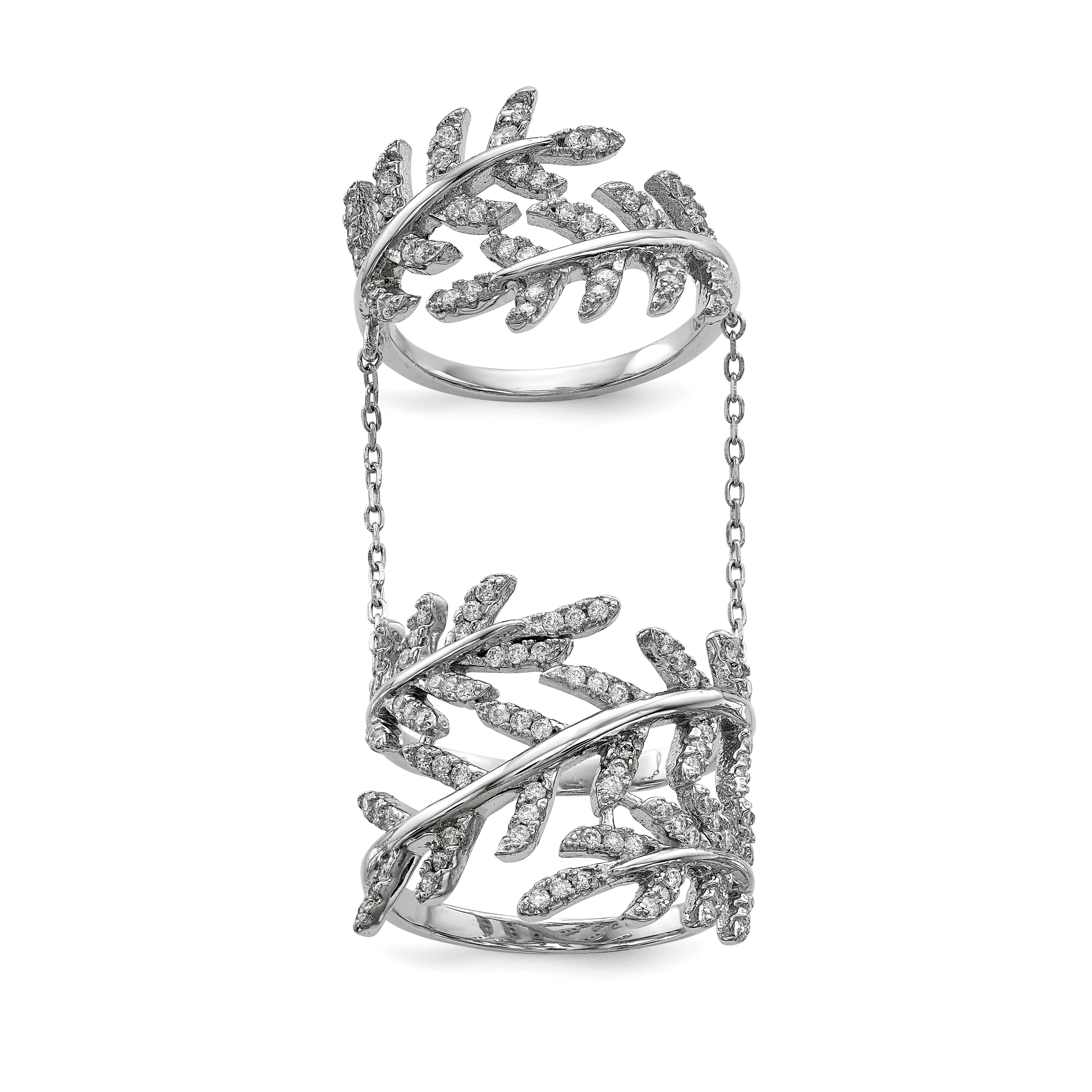 Sterling Silver Rhodium-Plated Cubic Zirconi Leaf with Extender Ring