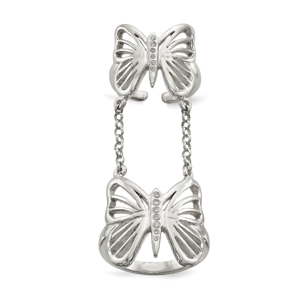 Sterling Silver Polished CZ Butterfly Double Finger Ring