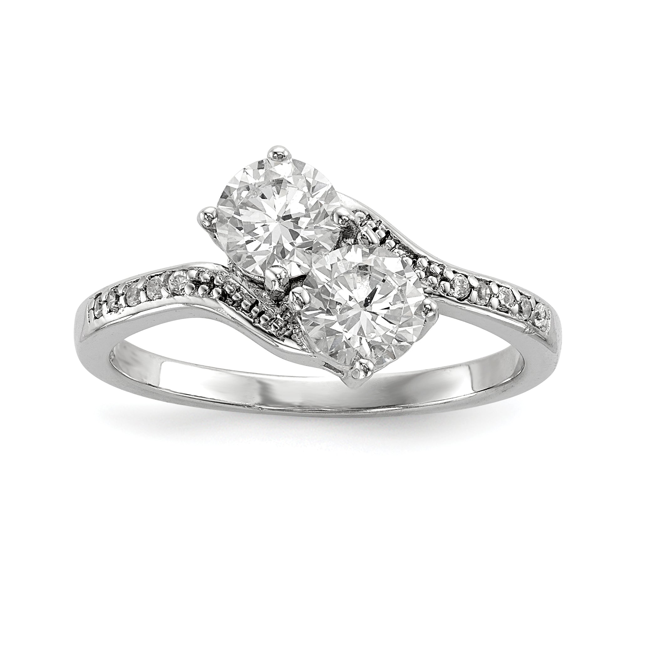 Sterling Silver Rhodium-plated Two Stone CZ Bypass Ring Main image