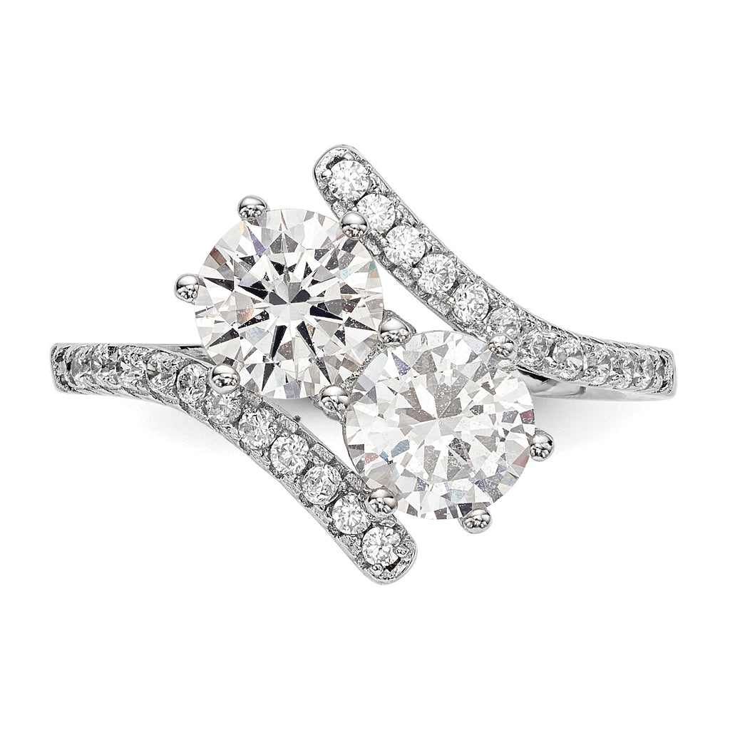 Sterling Silver Rhodium-Plated Cubic Zirconi Two Stone Round BypaSterling Silver Ring