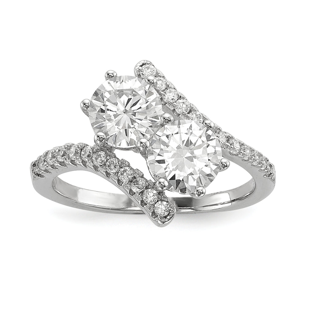 Sterling Silver Rhodium-Plated Cubic Zirconi Two Stone Round BypaSterling Silver Ring