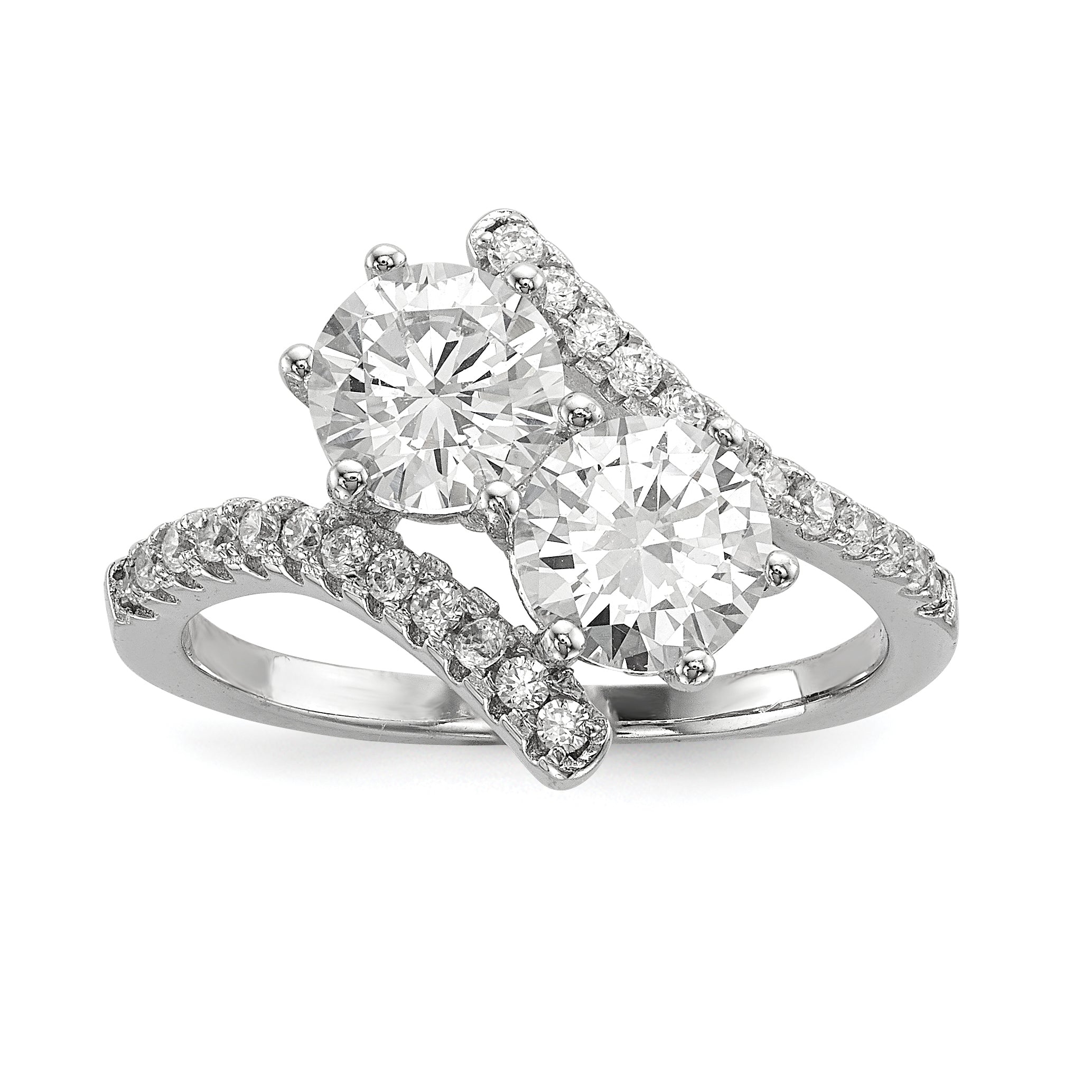 Sterling Silver Rhodium-Plated Cubic Zirconi Two Stone Round BypaSterling Silver Ring