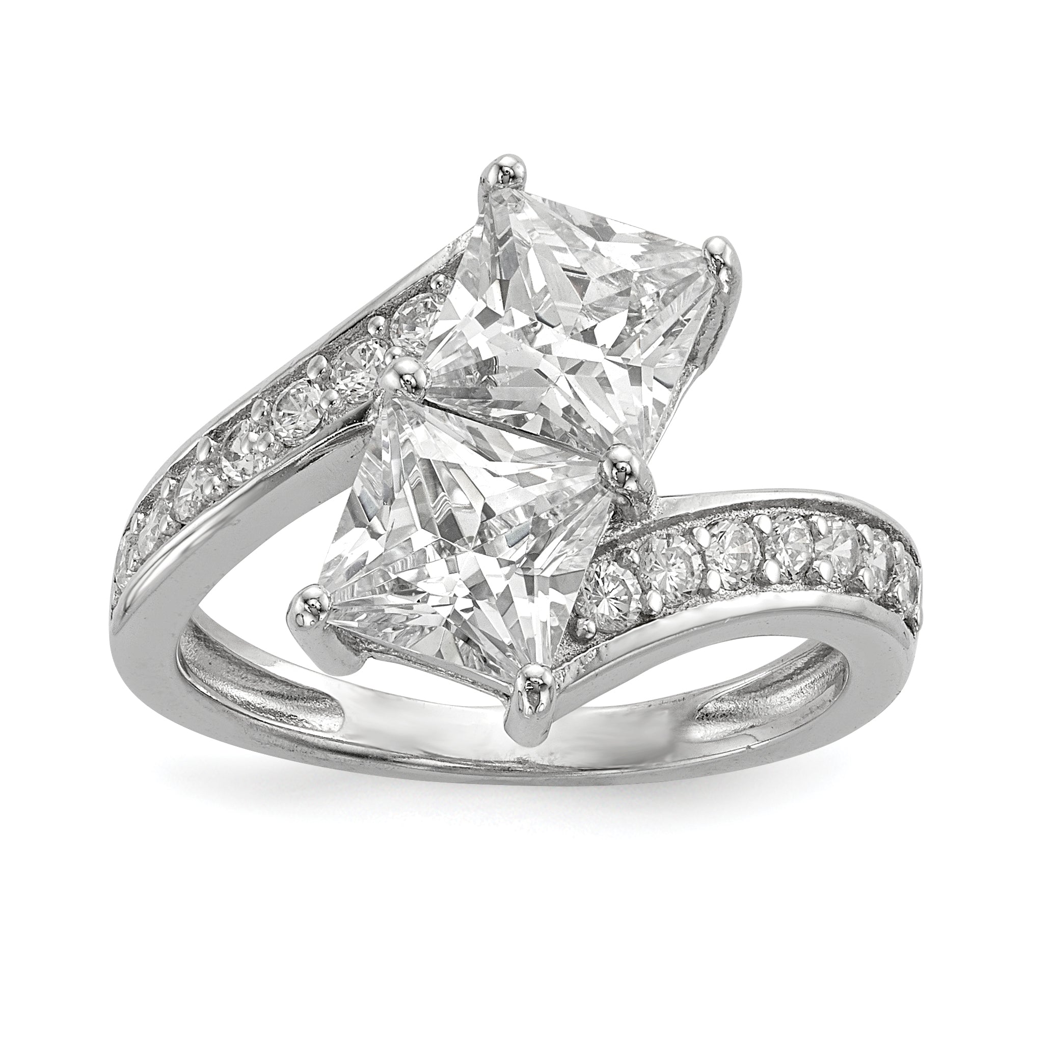 Sterling Silver Rhodium-plated CZ Two Stone Square Bypass Ring Main image