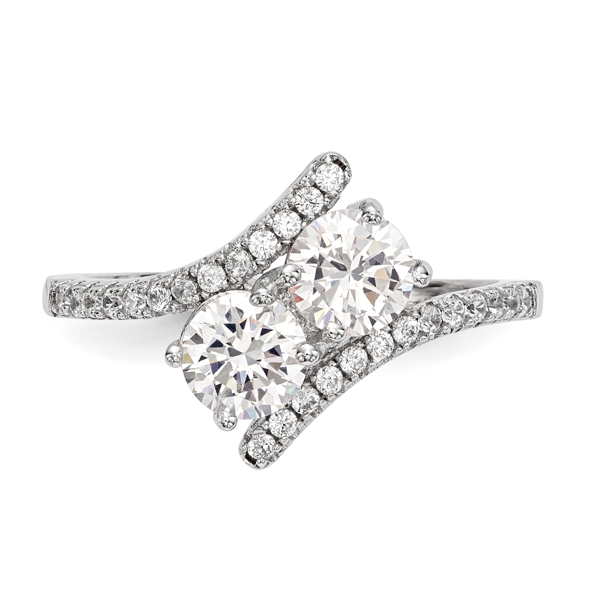 Sterling Silver Rhodium-Plated Cubic Zirconi Two Stone Polished BypaSterling Silver Ring