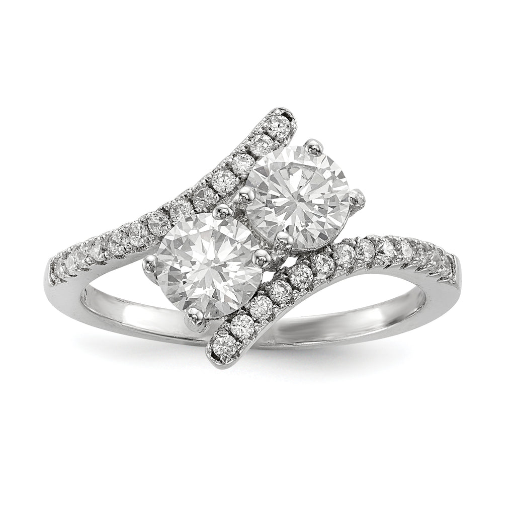 Sterling Silver Rhodium-Plated Cubic Zirconi Two Stone Polished BypaSterling Silver Ring