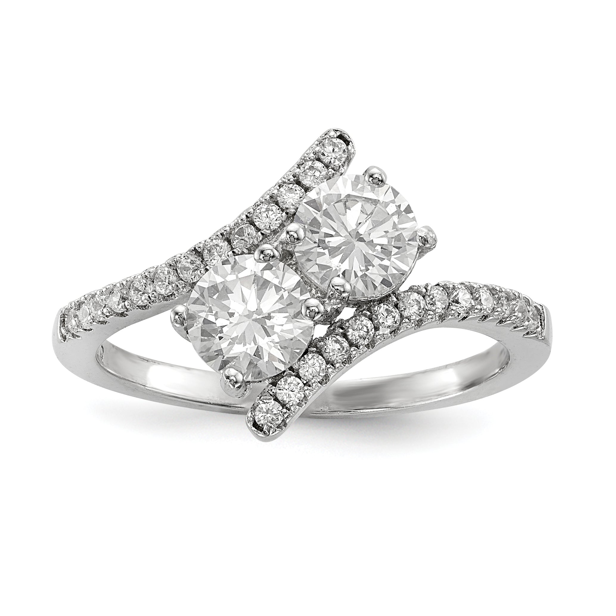 Sterling Silver Rhodium-Plated Cubic Zirconi Two Stone Polished BypaSterling Silver Ring