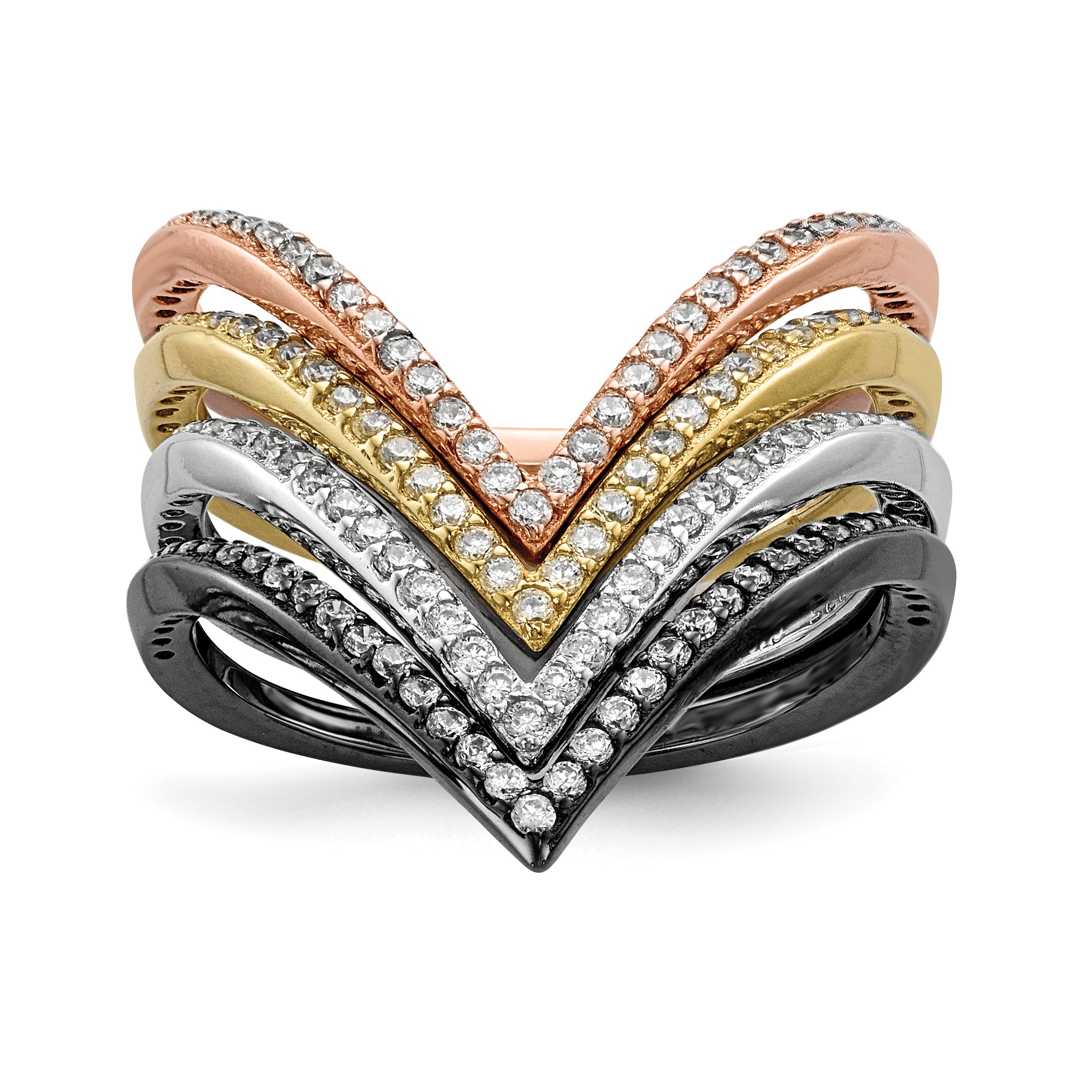 Sterling Silver Rhodium & Black-plate, Gold & Rose-tone CZ 4 Ring Set Main image