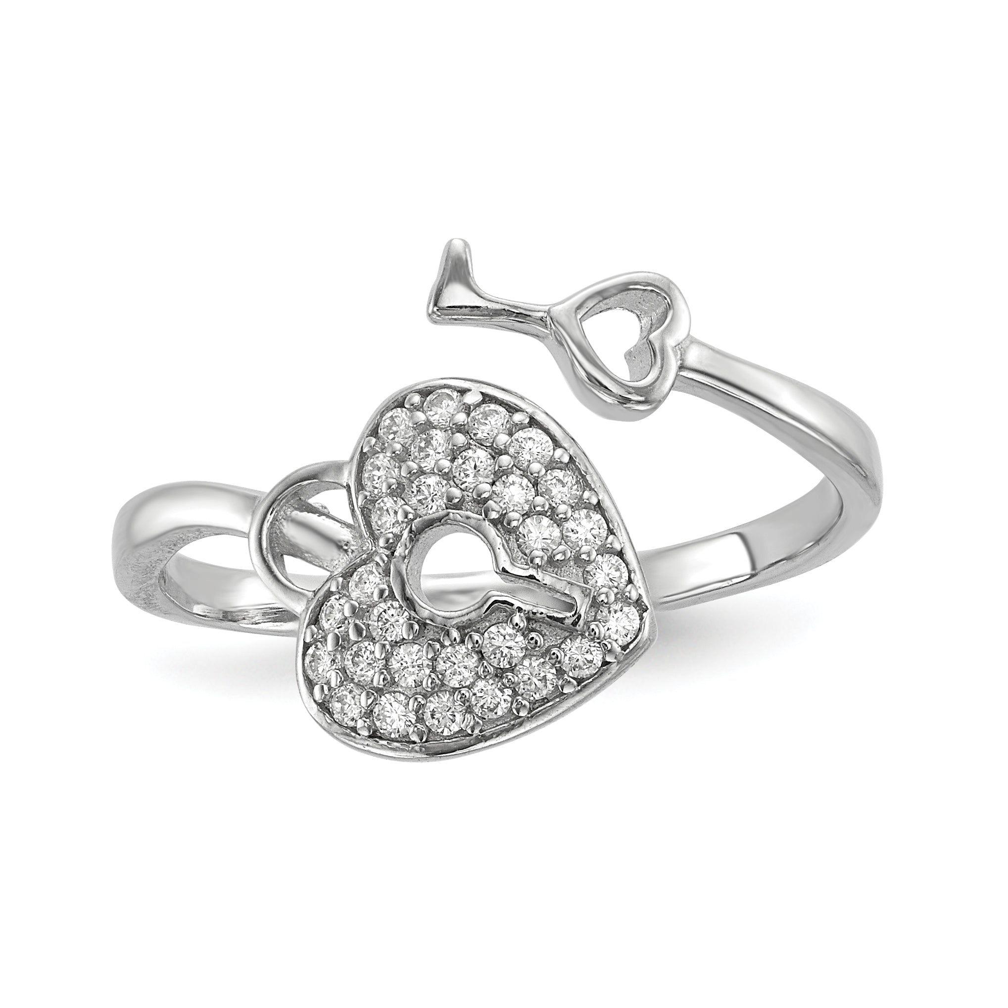 Sterling Silver Rhodium-plated CZ Heart Lock and Key Ring Main image