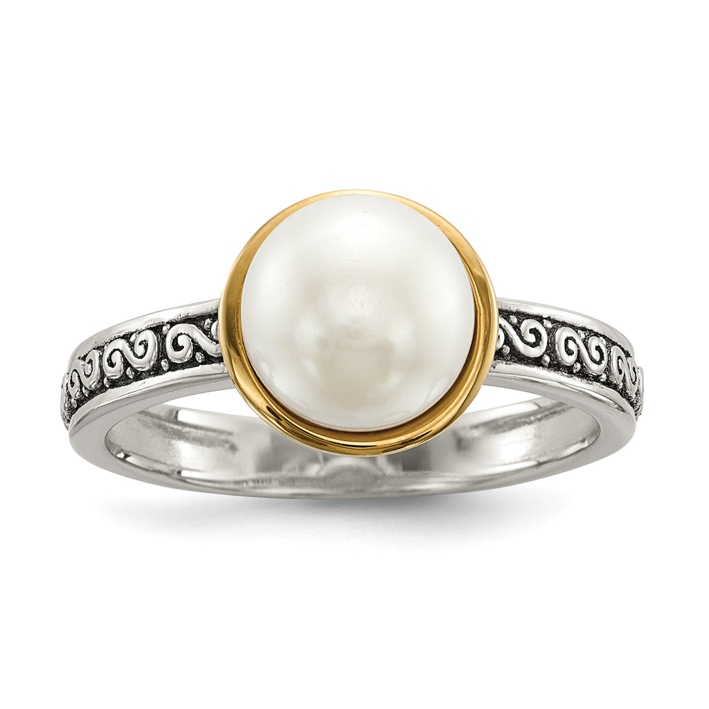 Sterling Silver With 14k Antiqued 8mm Button FWC Pearl Set of 3 Rings