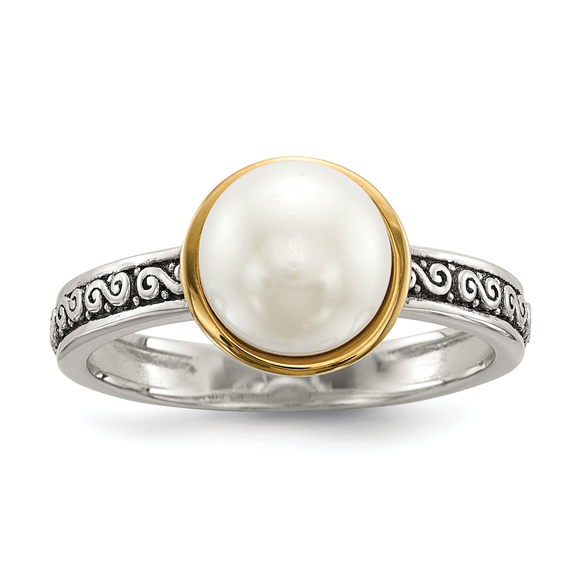 Sterling Silver With 14k Antiqued 8mm Button FWC Pearl Set of 3 Rings