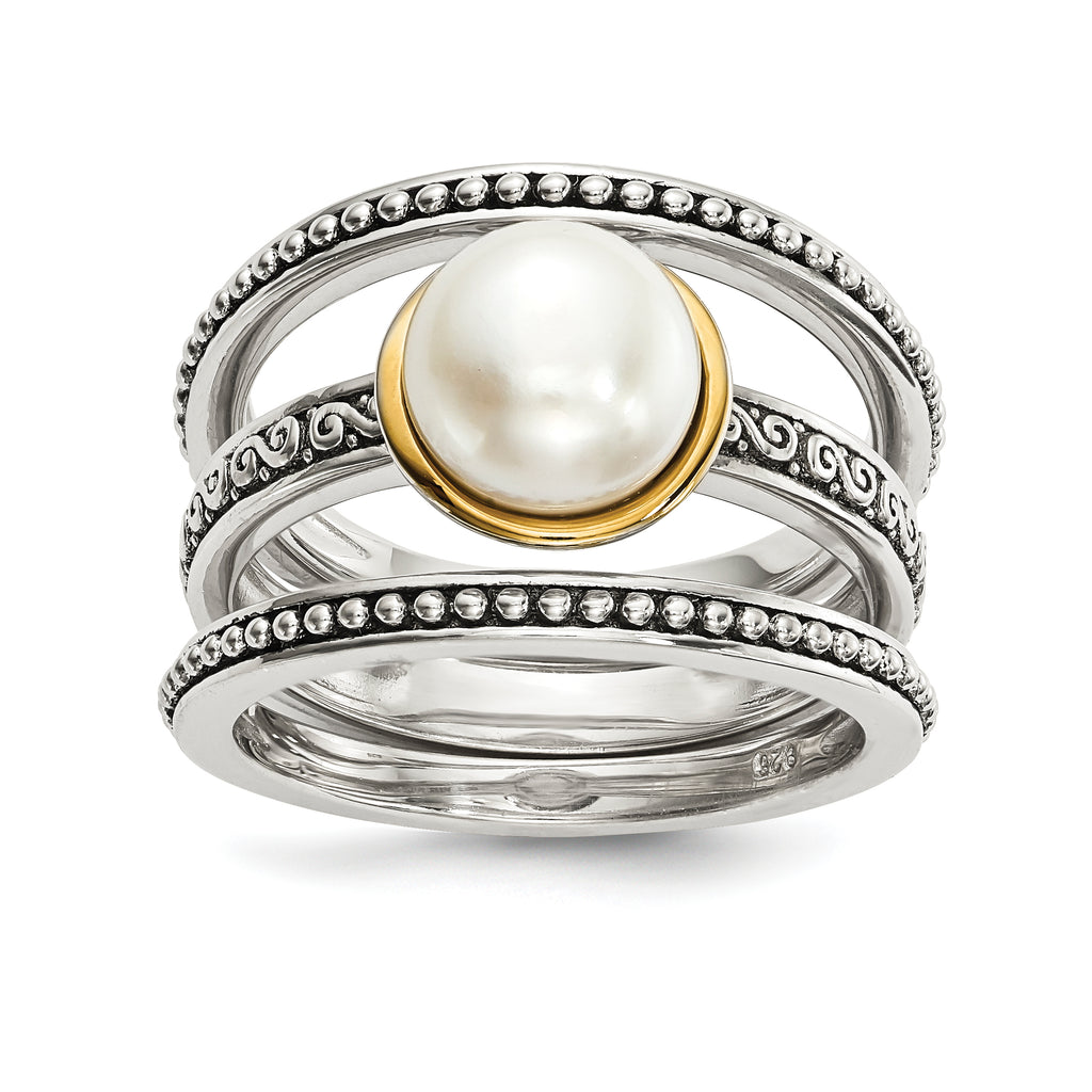 Sterling Silver With 14k Antiqued 8mm Button FWC Pearl Set of 3 Rings
