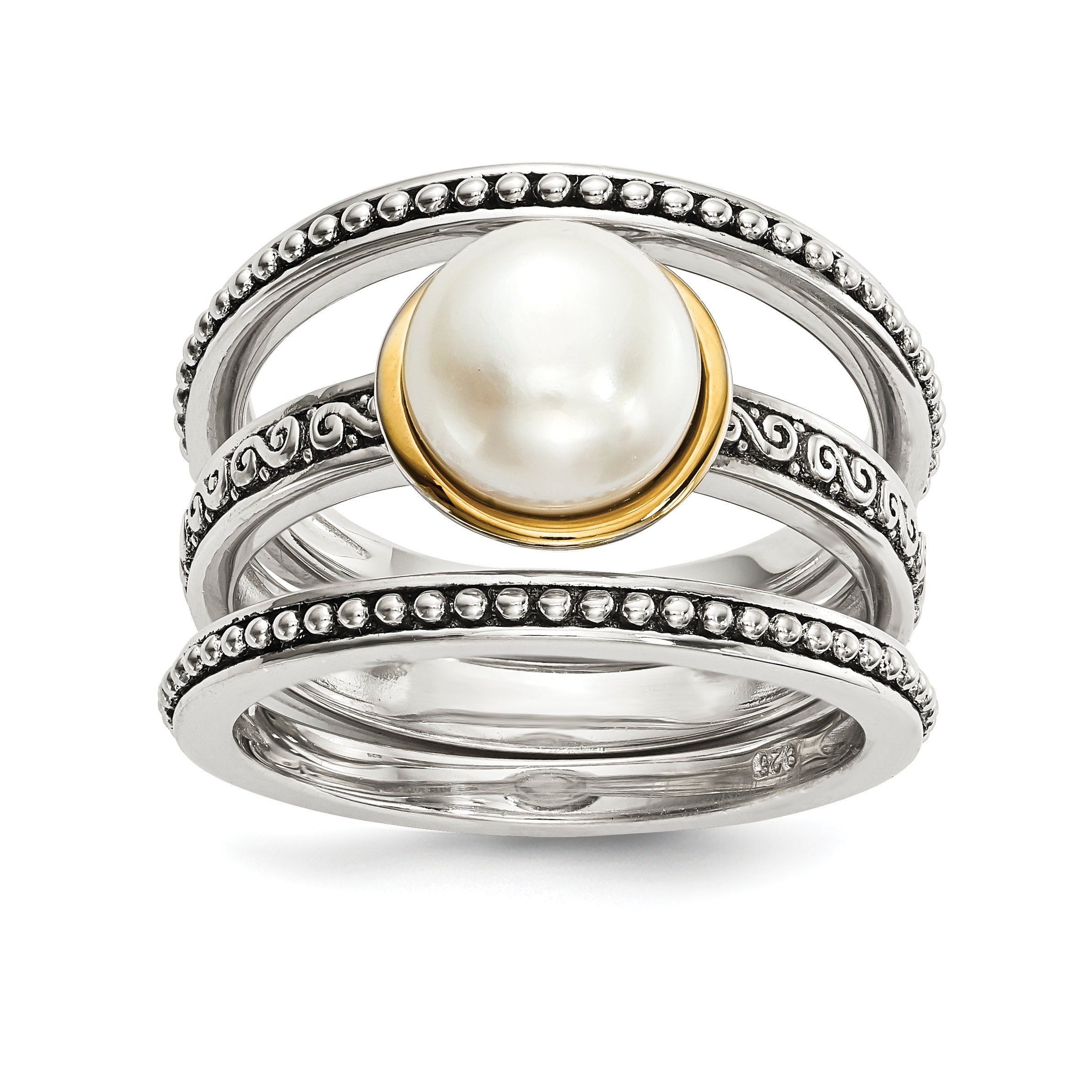 Sterling Silver With 14k Antiqued 8mm Button FWC Pearl Set of 3 Rings