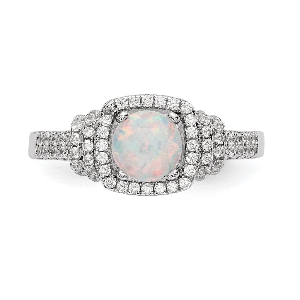 Sterling Silver Rhodium-plated CZ and Lab Created White Opal Ring