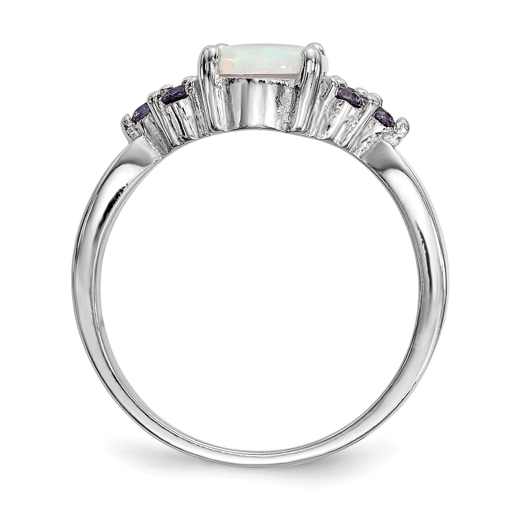 Sterling Silver Rhodium-plated Oval Created Opal With Purple CZ Ring