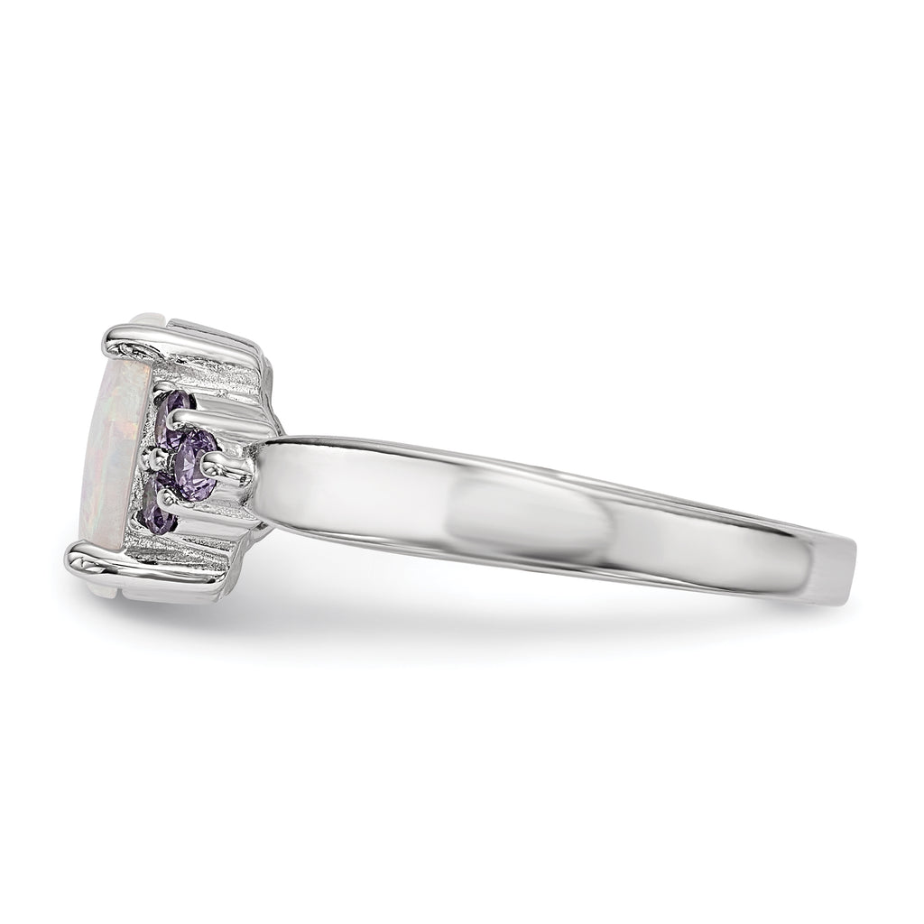Sterling Silver Rhodium-plated Oval Created Opal With Purple CZ Ring