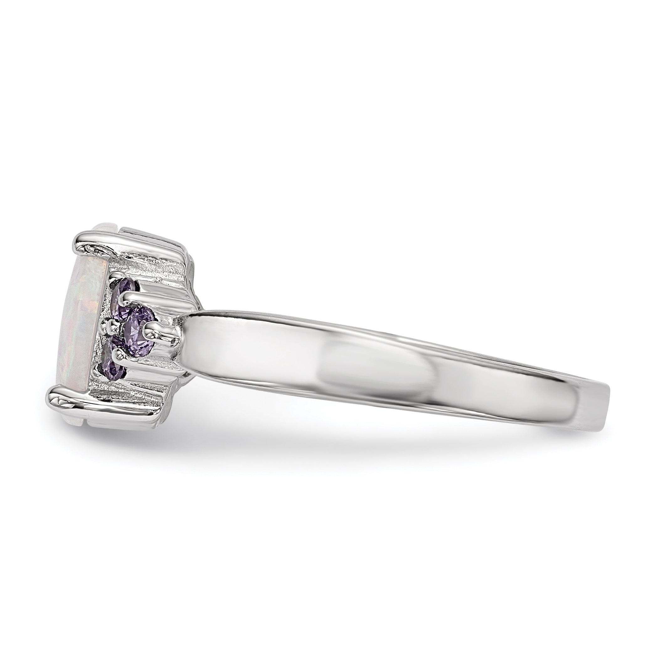 Sterling Silver Rhodium-plated Oval Created Opal With Purple CZ Ring