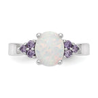 Sterling Silver Rhodium-plated Oval Created Opal With Purple CZ Ring