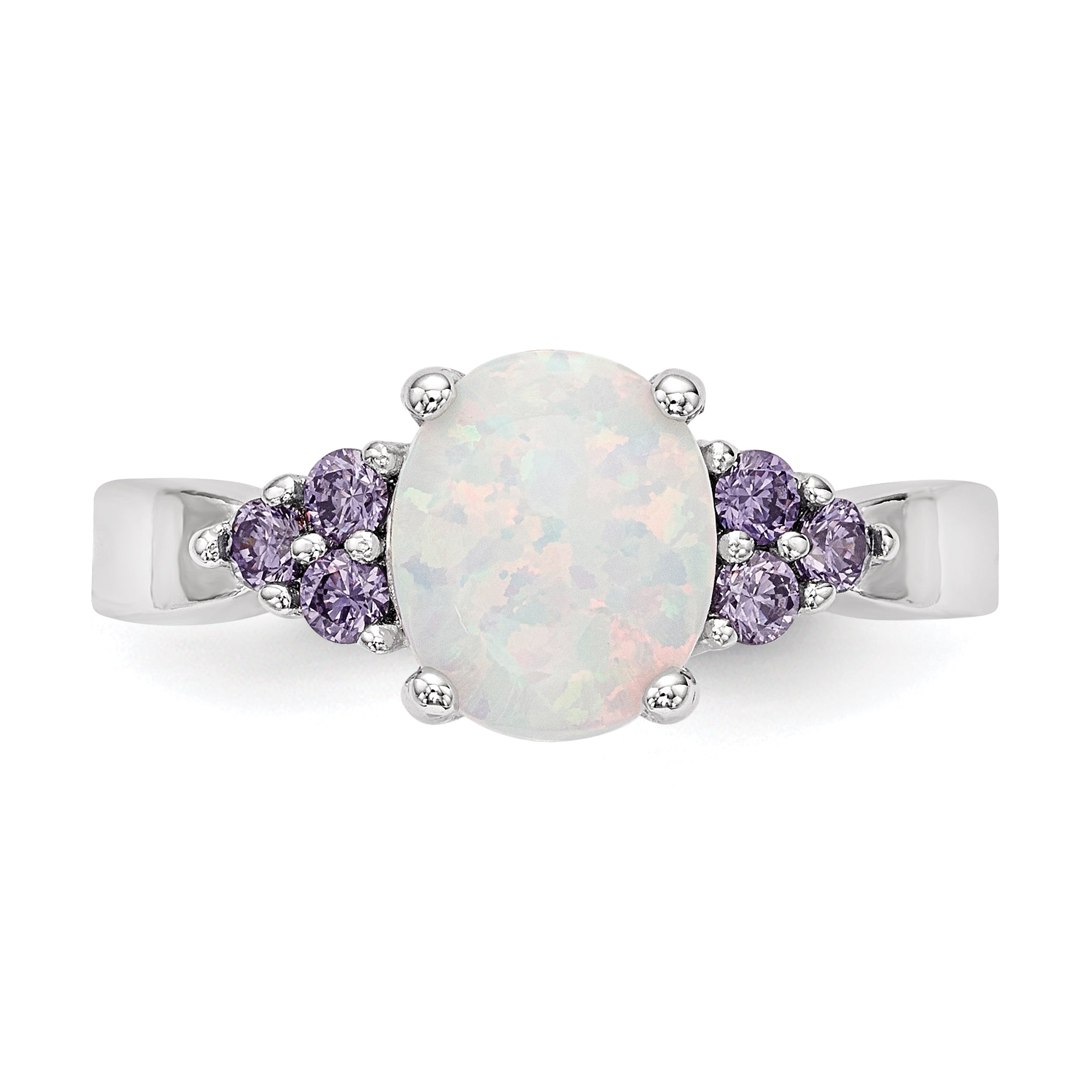 Sterling Silver Rhodium-plated Oval Created Opal With Purple CZ Ring