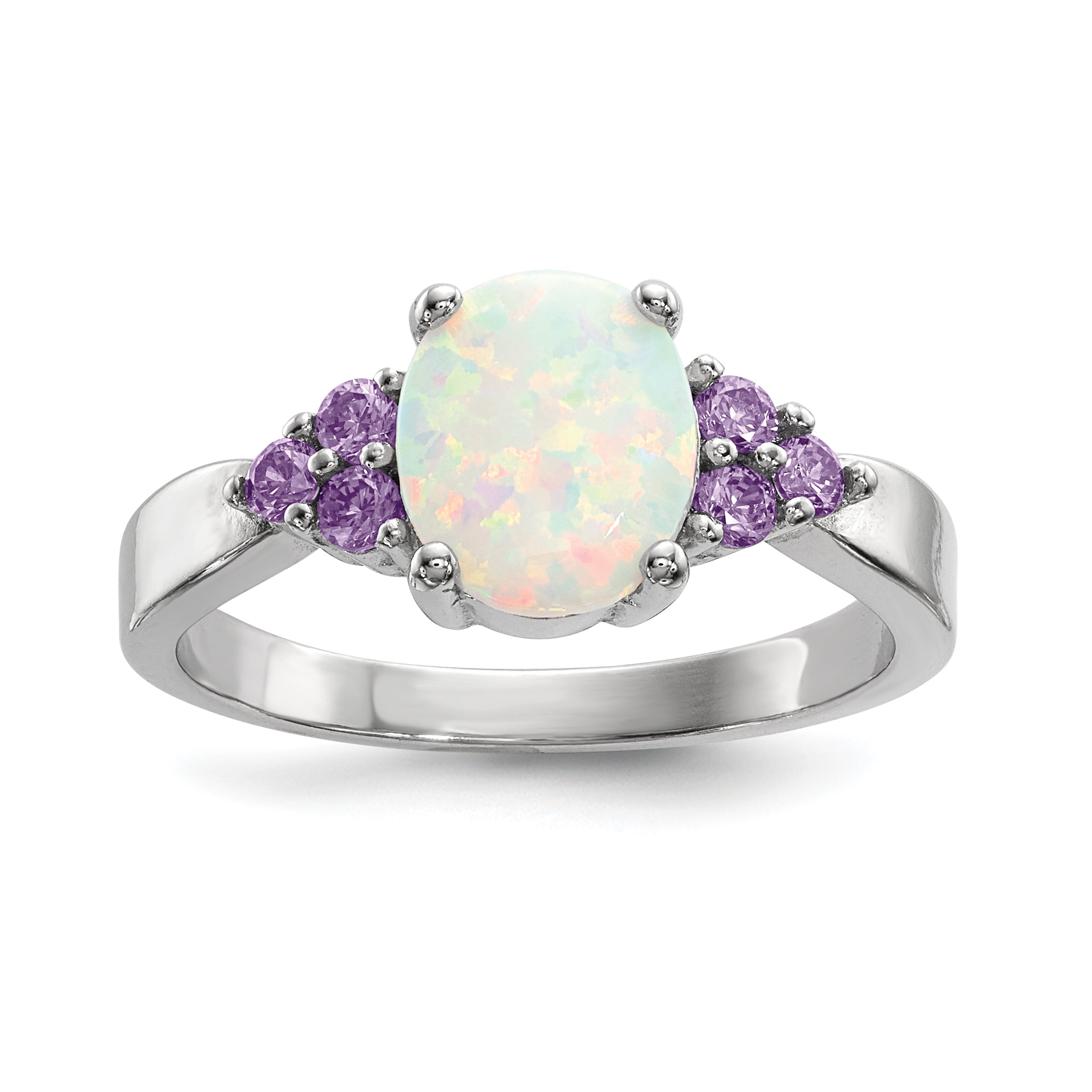 Sterling Silver Rhodium-plated Oval Created Opal With Purple CZ Ring Main image