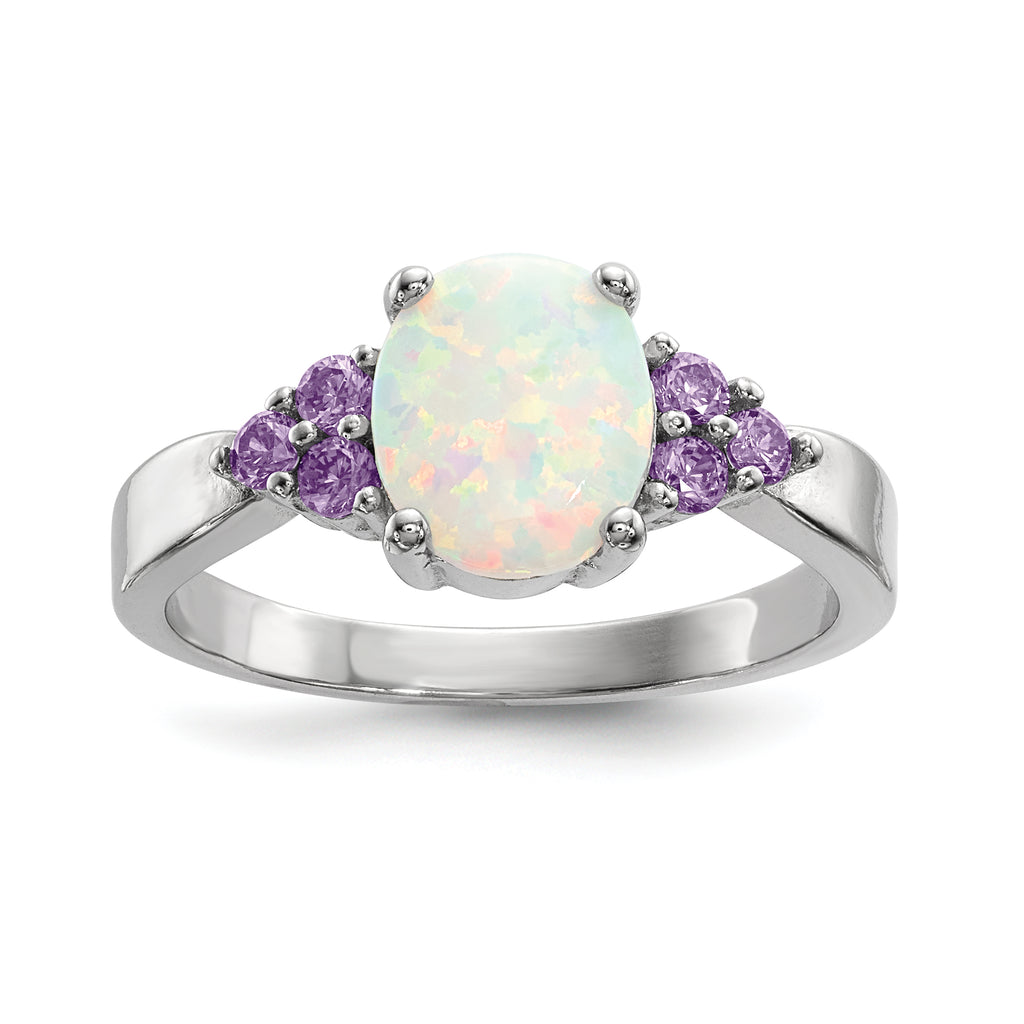 Sterling Silver Rhodium-plated Oval Created Opal With Purple CZ Ring