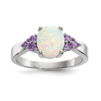 Sterling Silver Rhodium-plated Oval Created Opal With Purple CZ Ring