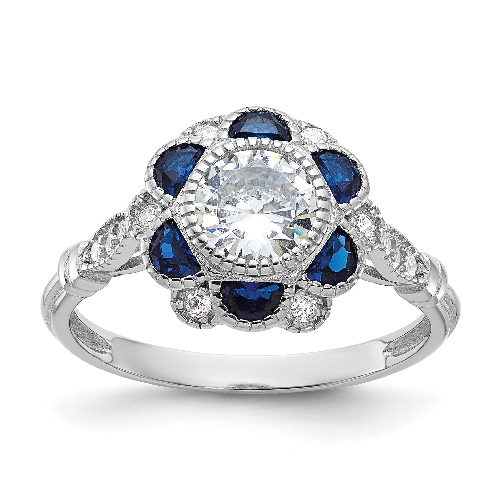 Sterling Silver Rhodium-plated CZ and Lab Cr. Blue Sapphire Flower Ring Main image