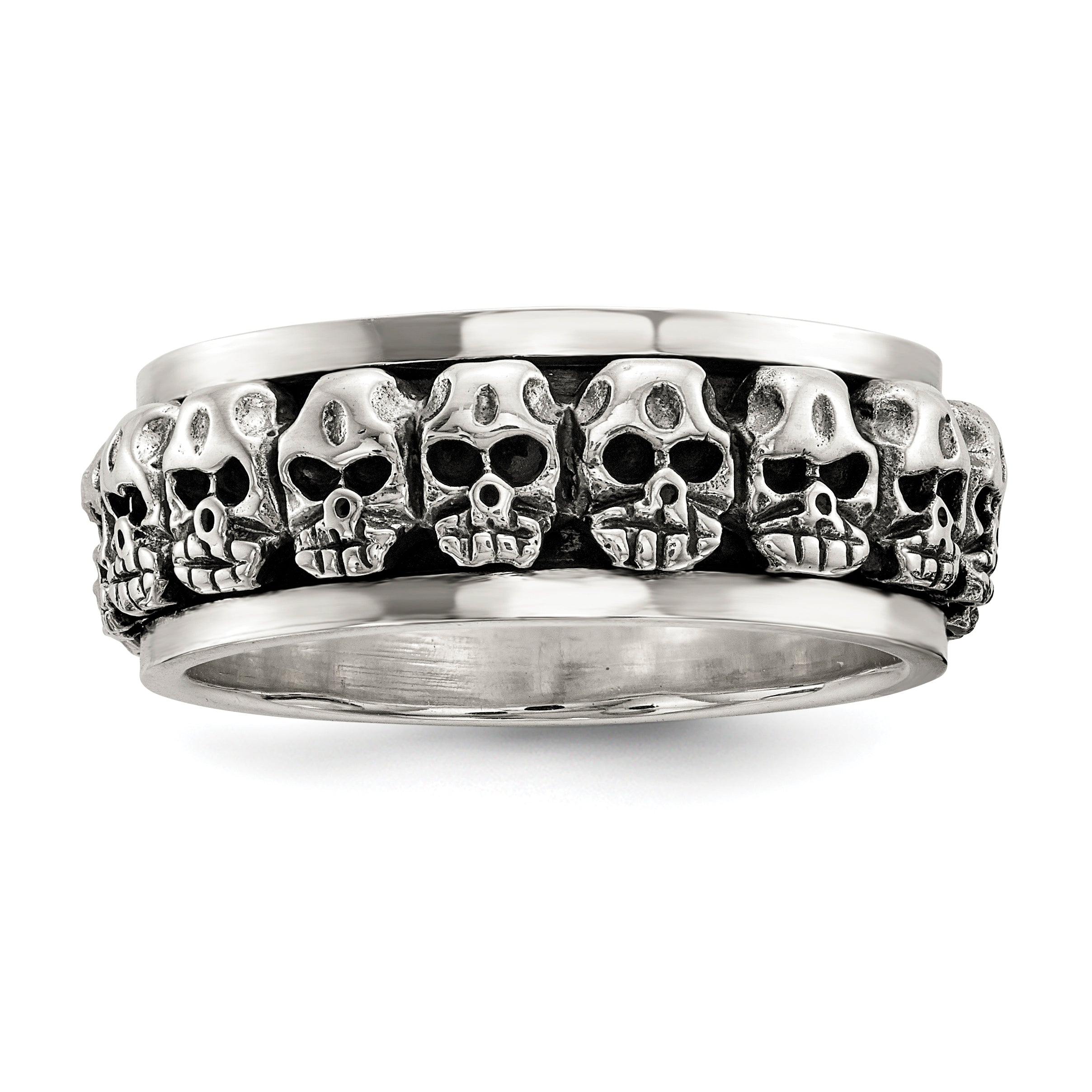 Sterling Silver Polished Spinning Center Antiqued Skull Ring Main image