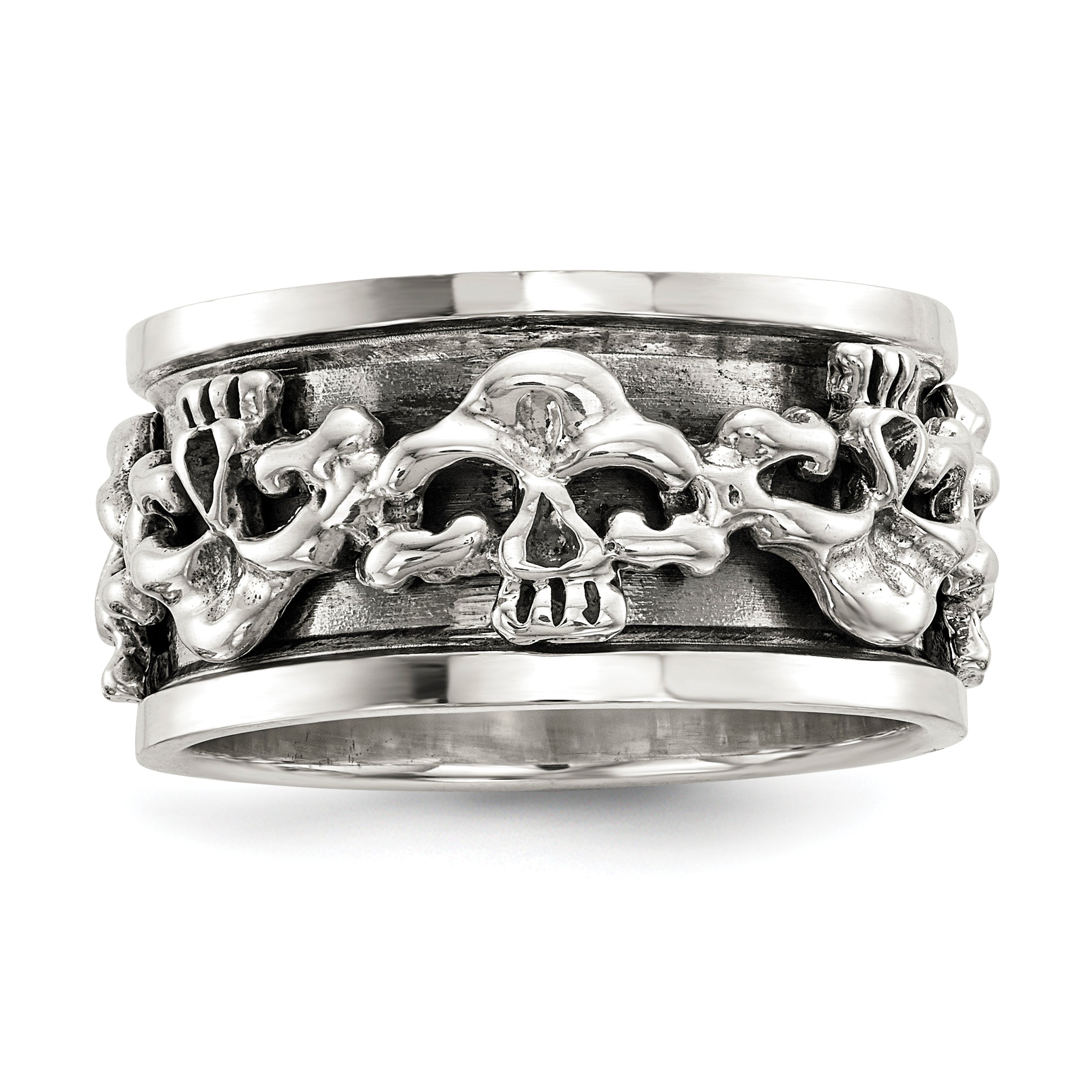 Sterling Silver Polished Spinning Center Antiqued Skull Ring Main image
