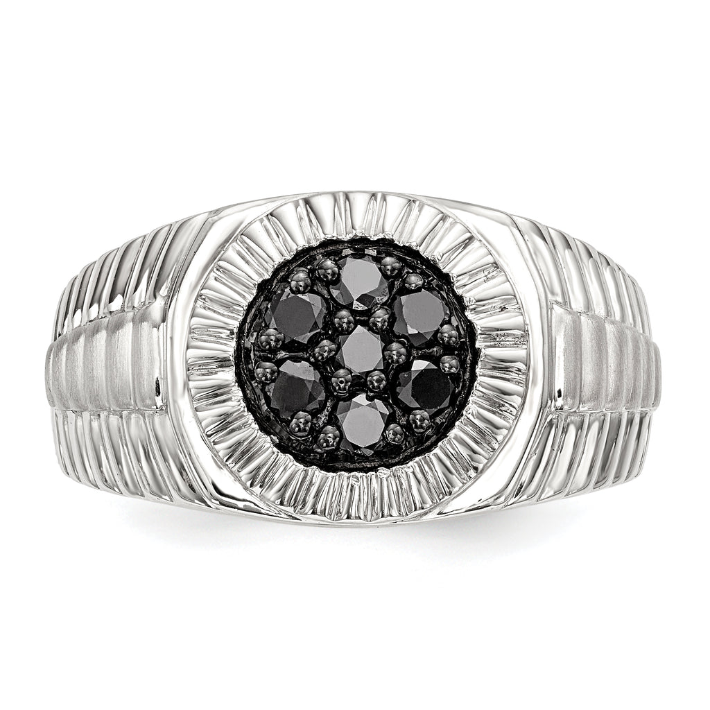 Sterling Silver Rhod-plated Mens Black Diamond Polished/Satin Ring