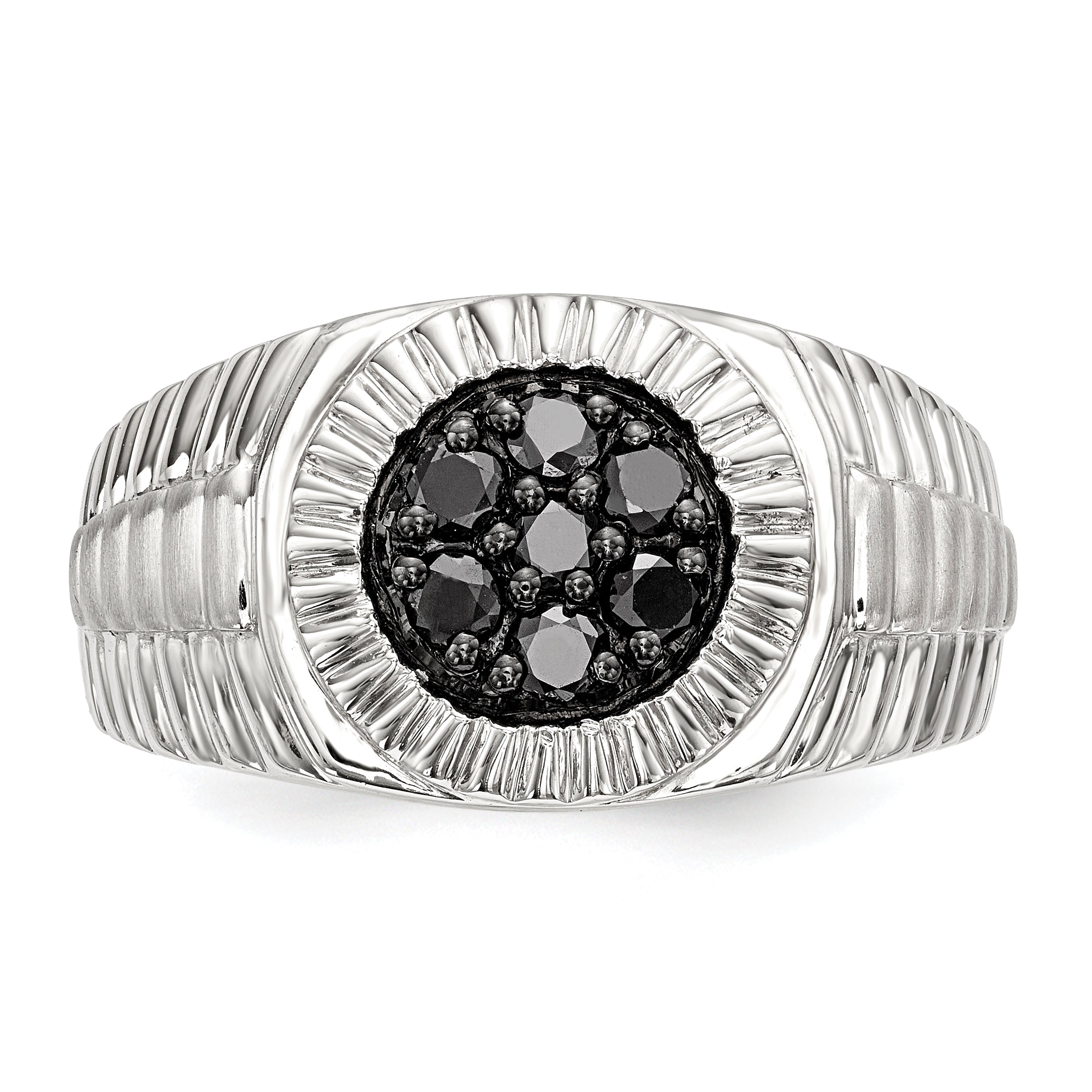 Sterling Silver Rhod-plated Mens Black Diamond Polished/Satin Ring