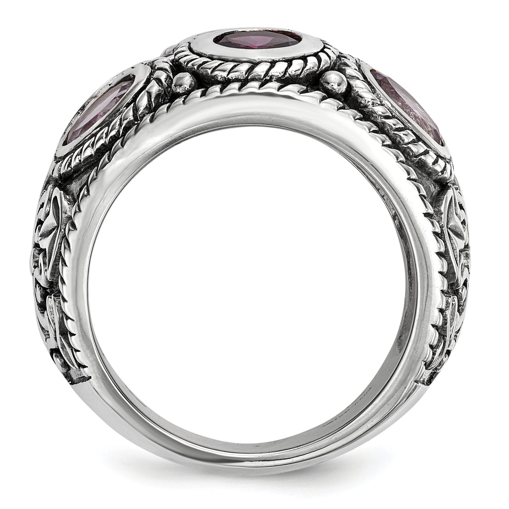 Sterling Silver Rhod. With 14k Pink Qrtz Rhodolite GA & Pink Tourmaline Ring