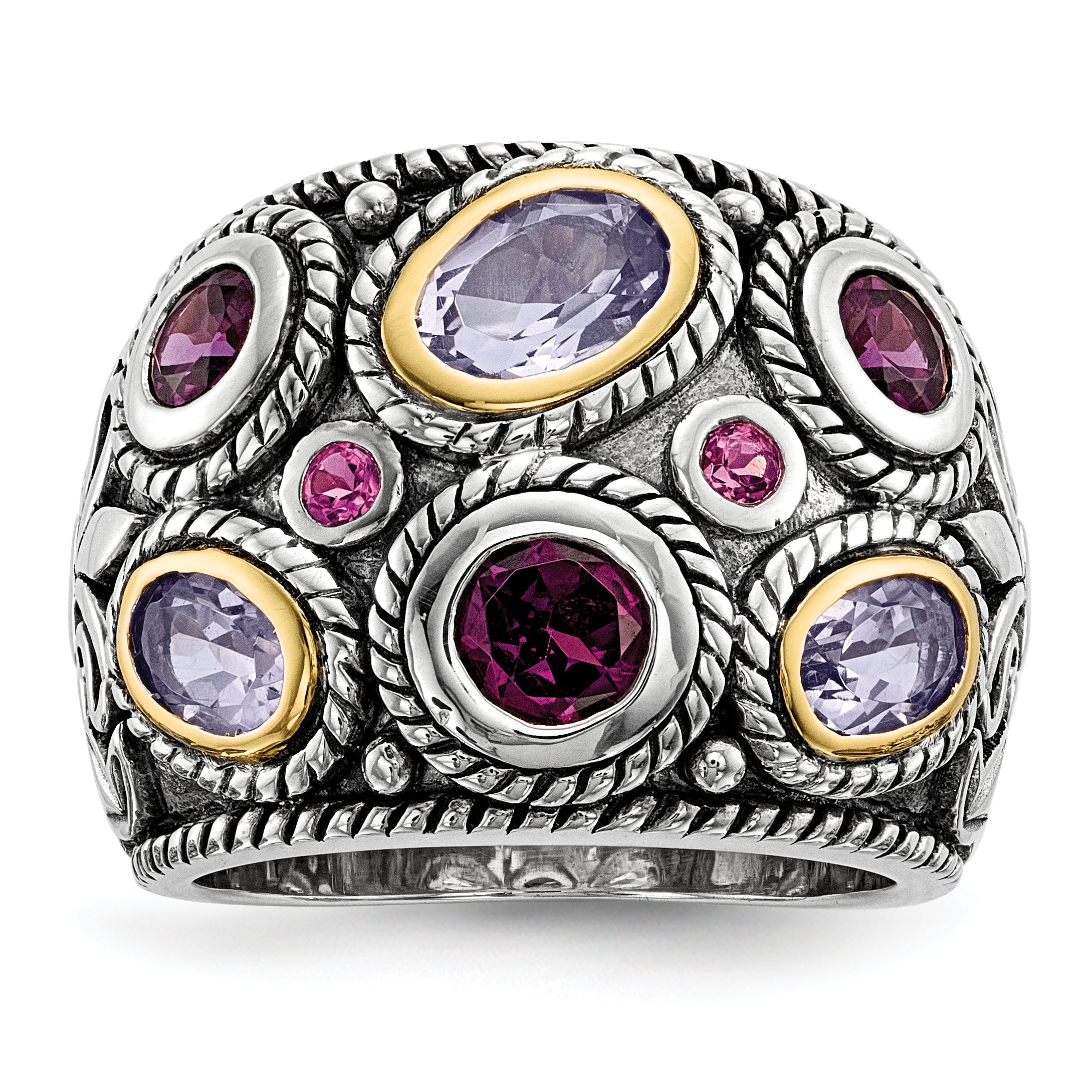 Sterling Silver Rhod. With 14k Pink Qrtz Rhodolite GA & Pink Tourmaline Ring