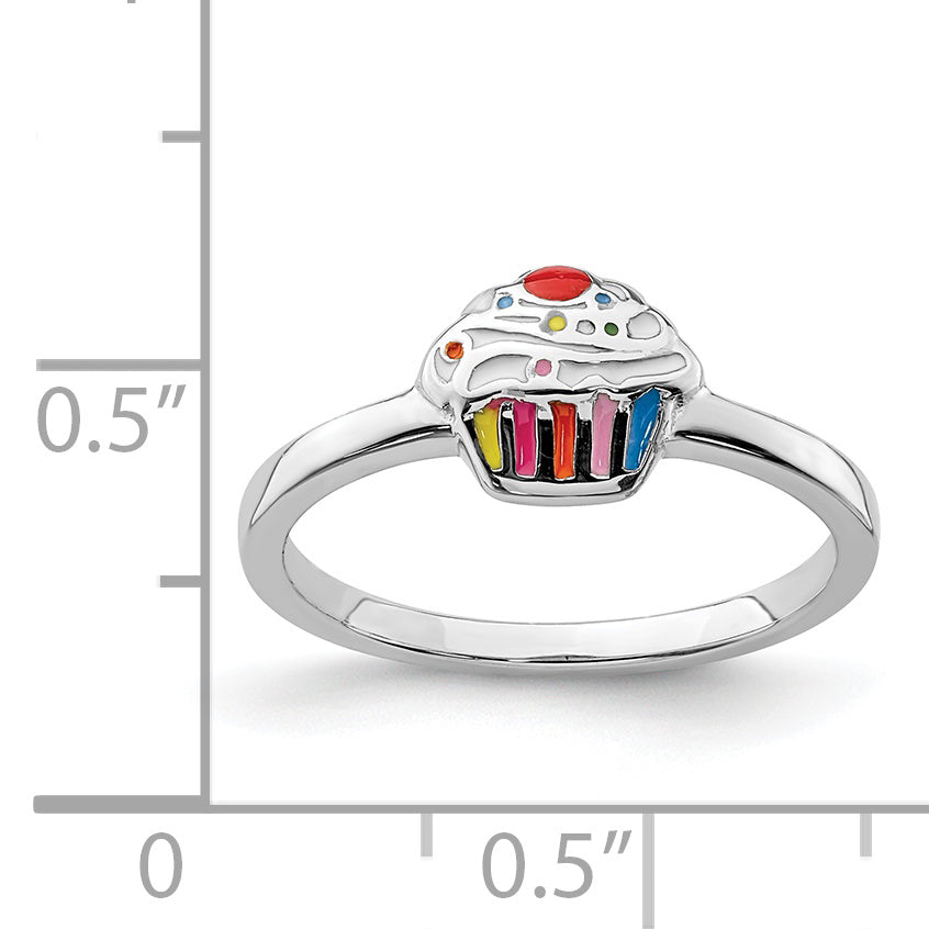 Sterling Silver RH-plated Multi-color Enameled Cupcake Children's Ring