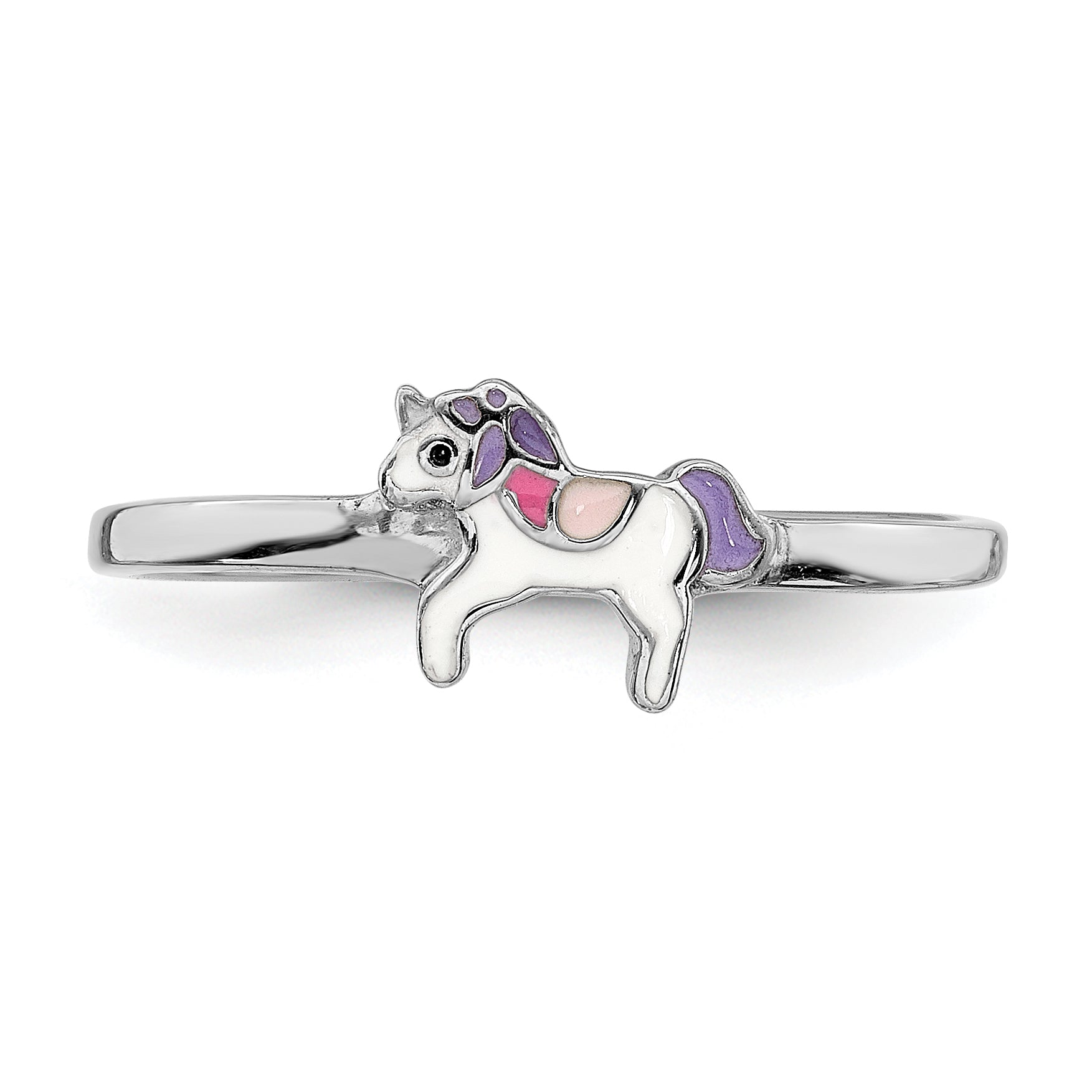 Sterling Silver RH-plated Multi-color Enameled Unicorn Children's Ring
