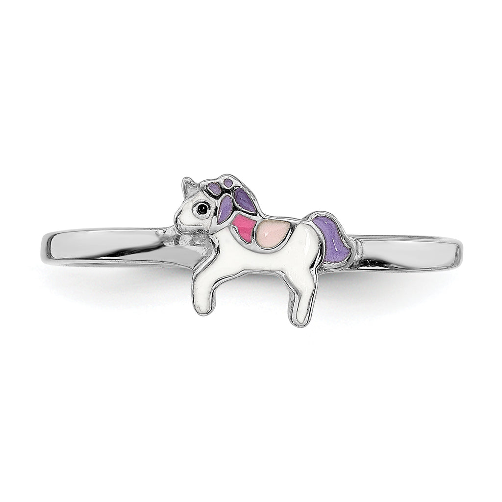 Sterling Silver RH-plated Multi-color Enameled Unicorn Children's Ring