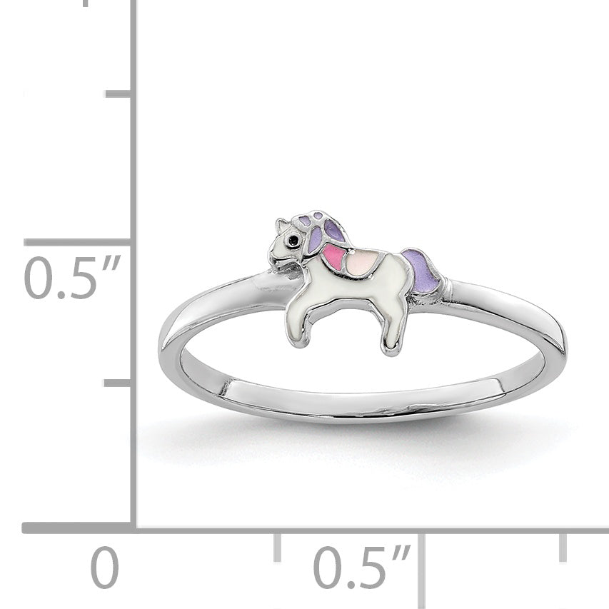 Sterling Silver RH-plated Multi-color Enameled Unicorn Children's Ring