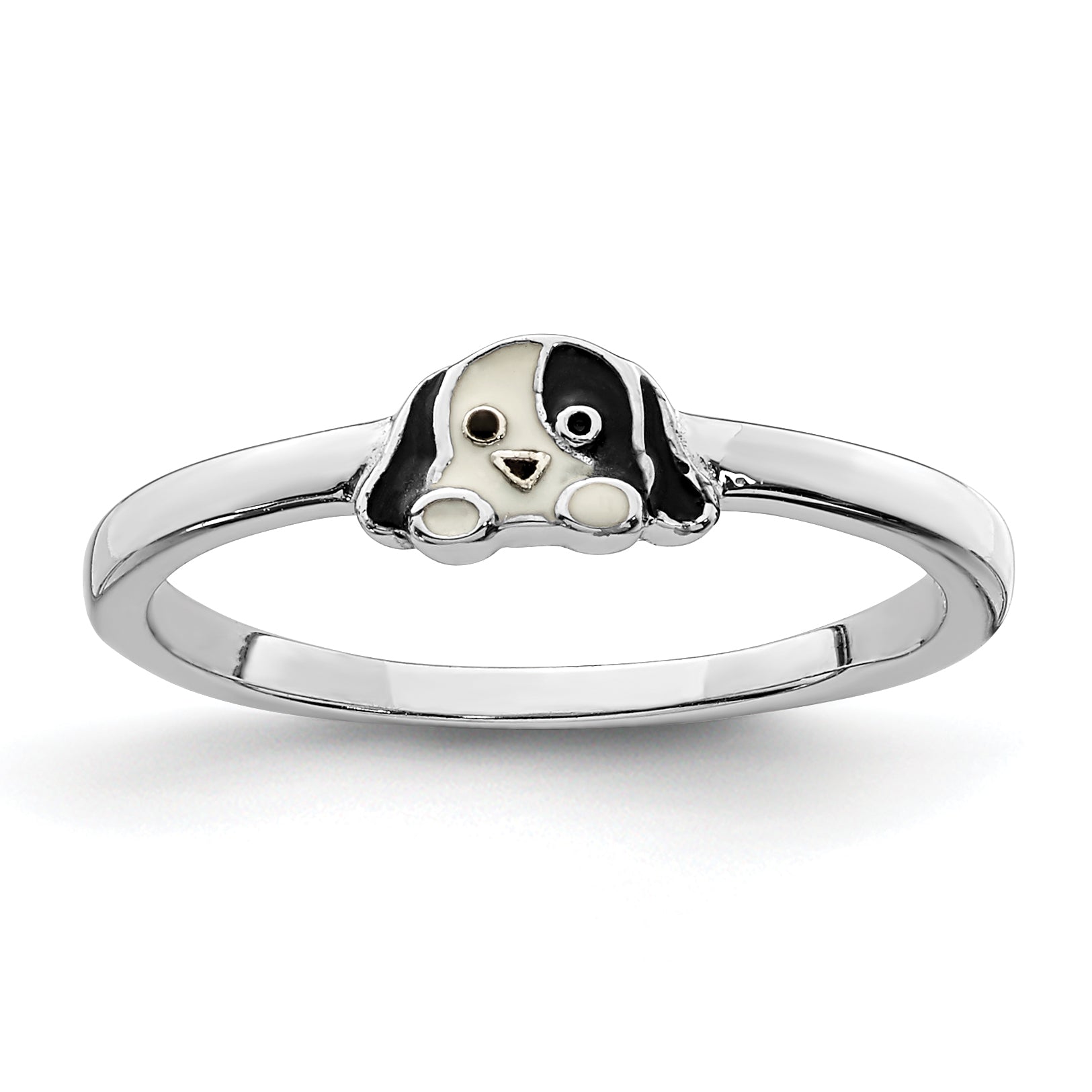 Sterling Silver RH-plated Black & White Enameled Puppy Children's Ring