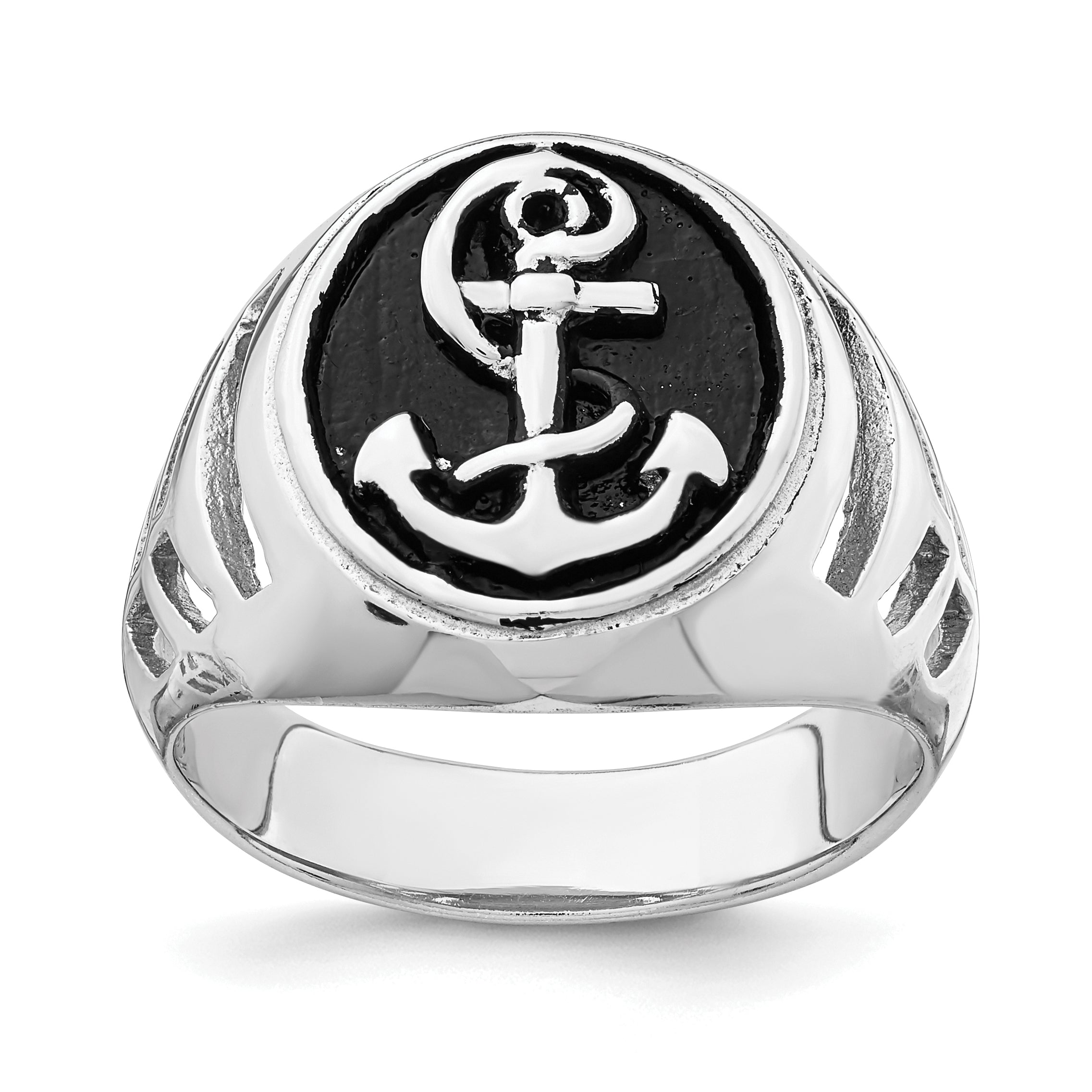 Sterling Silver Rhodium-plated & Antiqued Plated Anchor Ring Main image