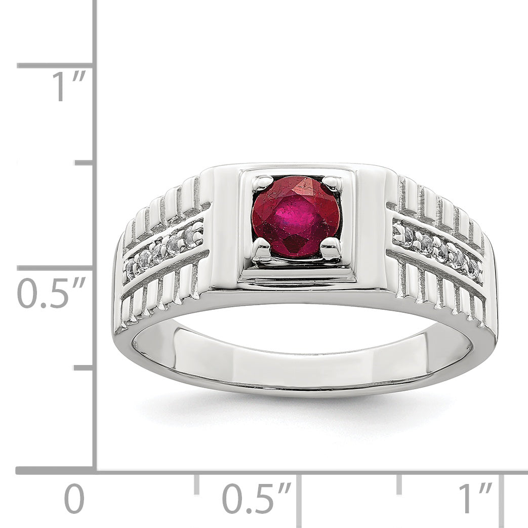 Sterling Silver Rhod-plated Men's African Ruby and White Topaz Ring