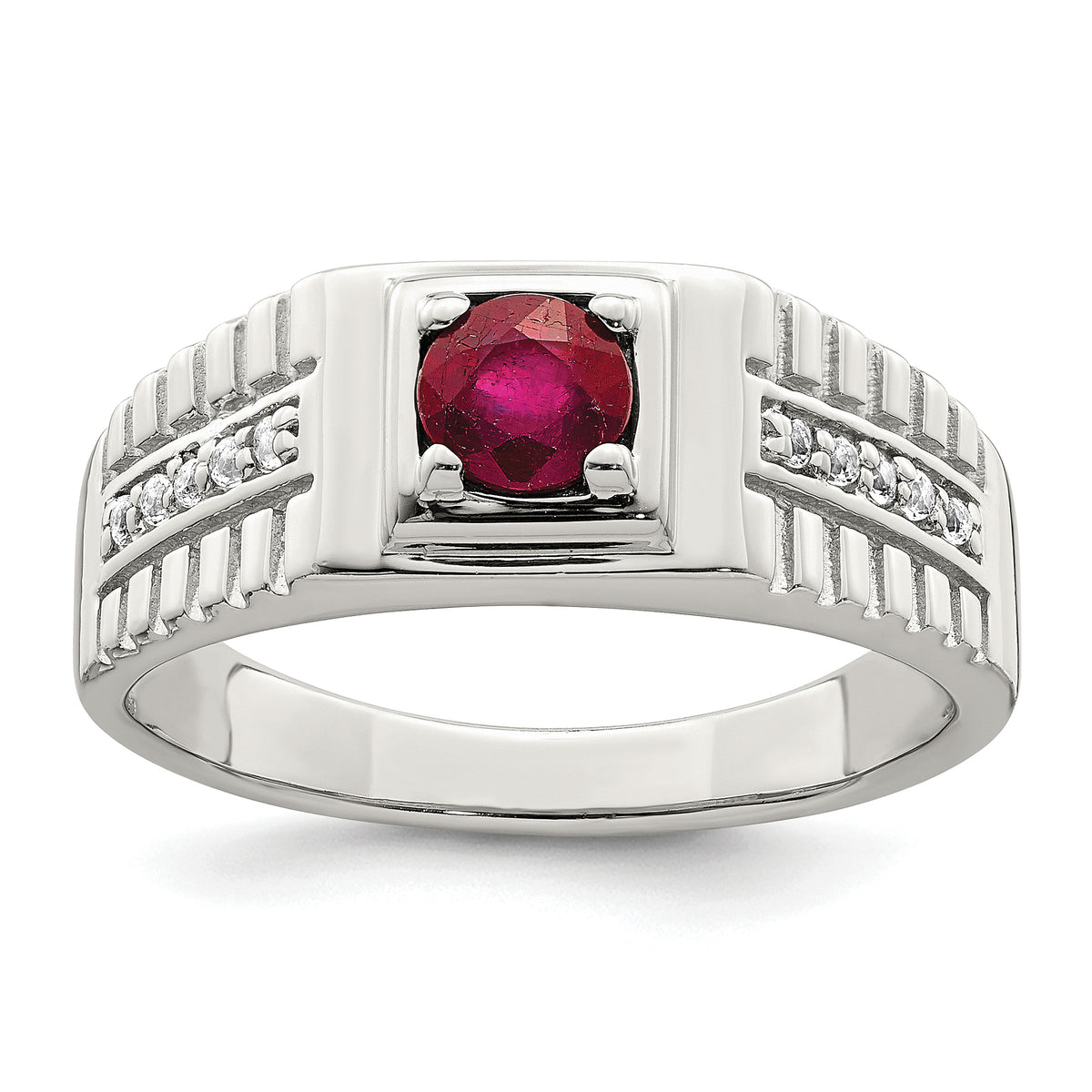 Sterling Silver Rhod-plated Men's African Ruby and White Topaz Ring