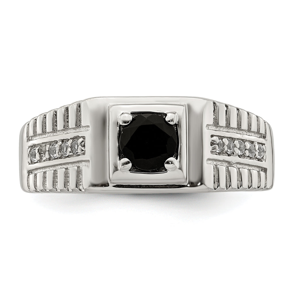 Sterling Silver Rhodium-plated Men's Onyx and White Topaz Ring