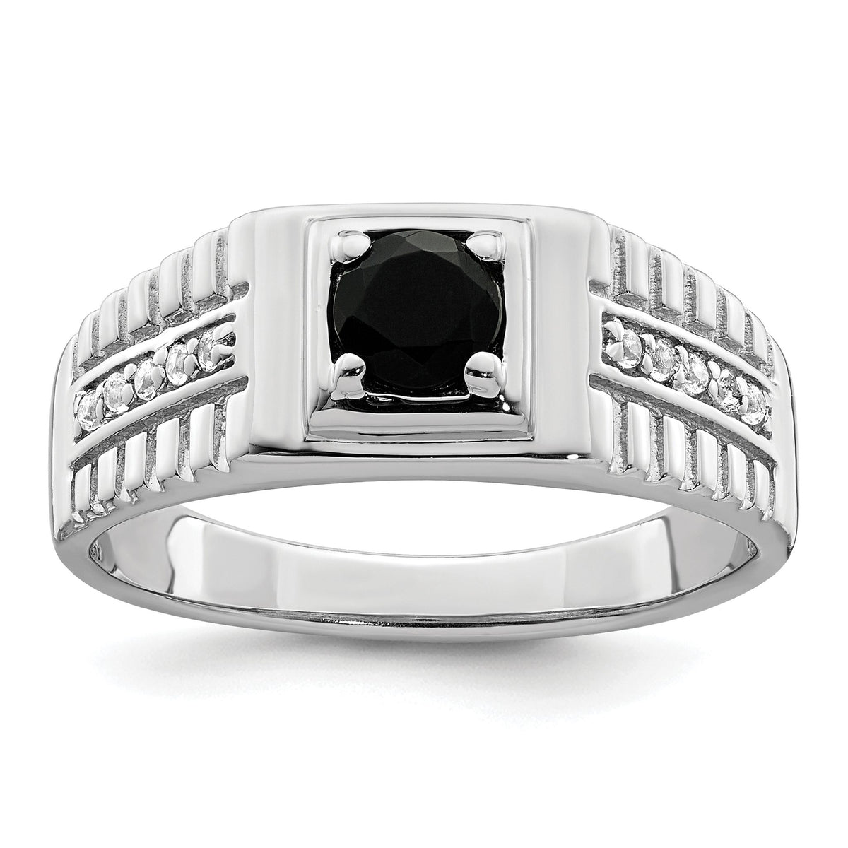 Men's Onyx & White Topaz Ring in Sterling Silver, 2.96mm Textured, Size 9–11 - Sophia Jewelers Main image