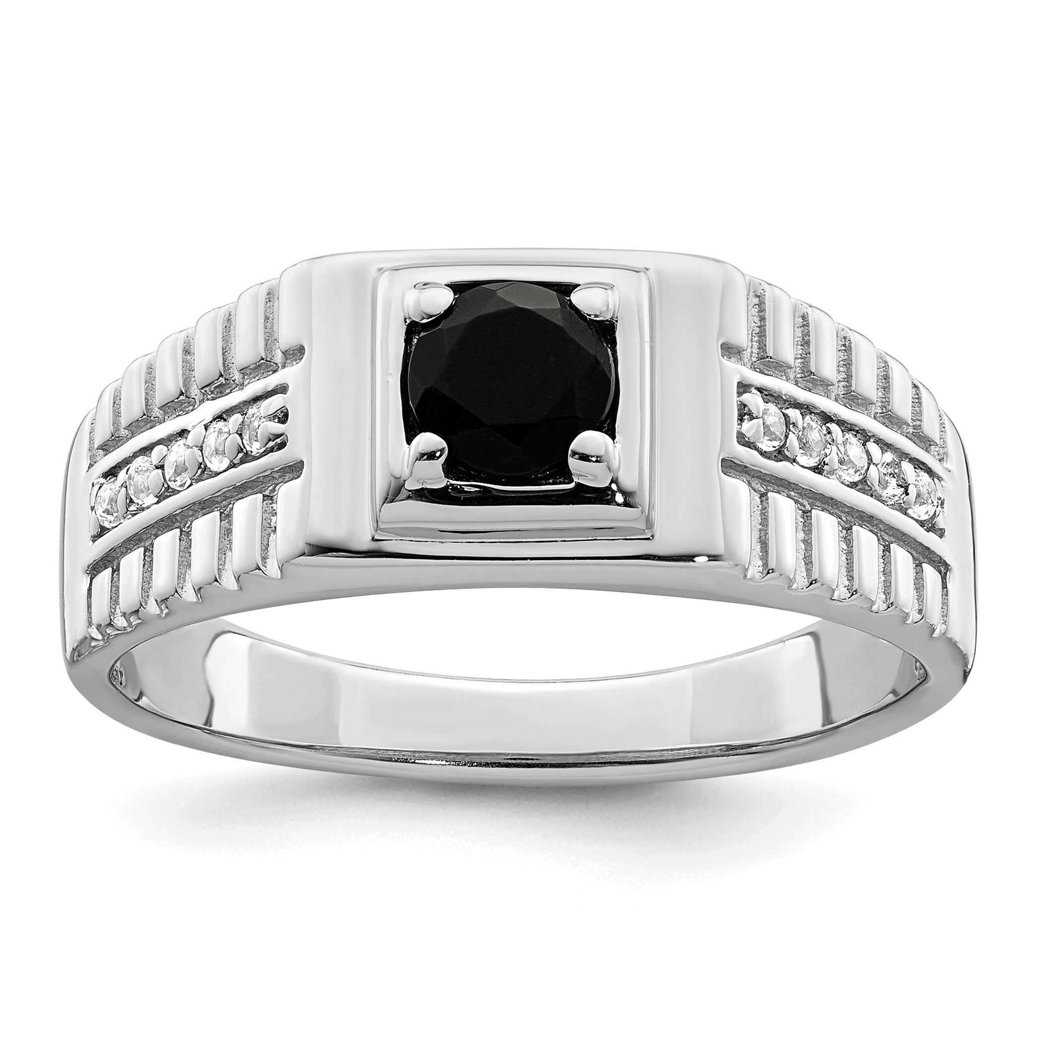 Sterling Silver Rhodium-plated Men's Onyx and White Topaz Ring Main image